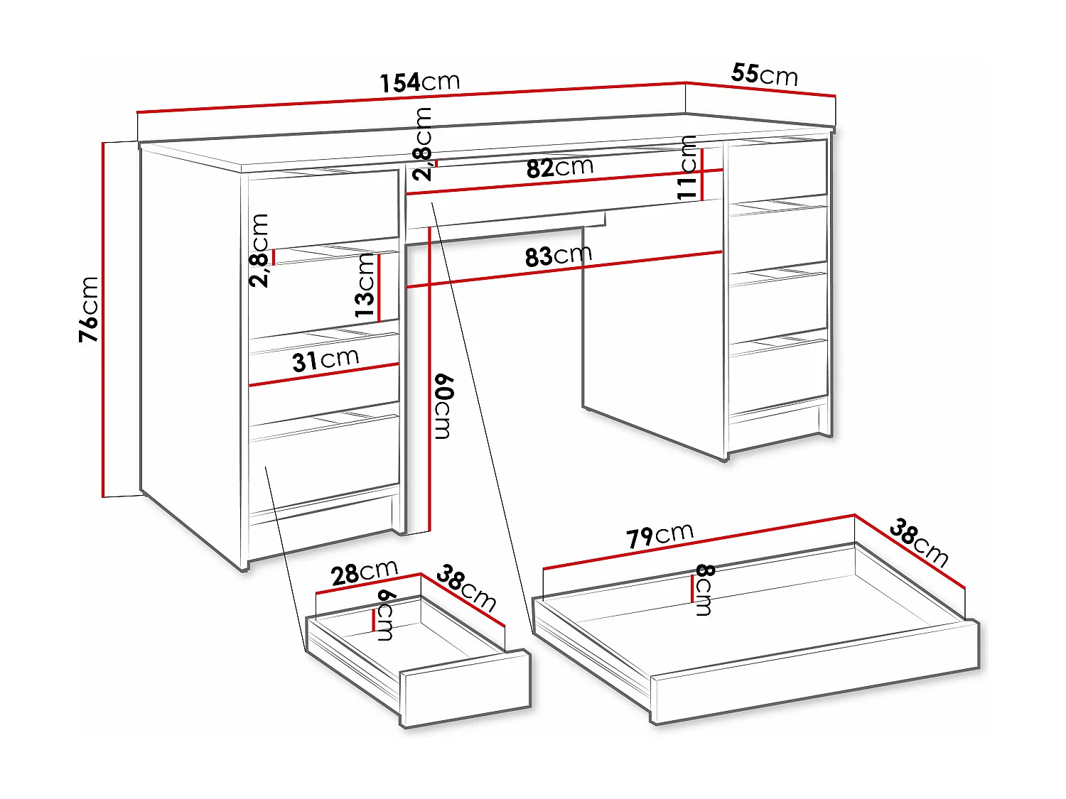 Mesa de oficina Comfivo Terros II, Con cajones, 76x154x55cm, Negro