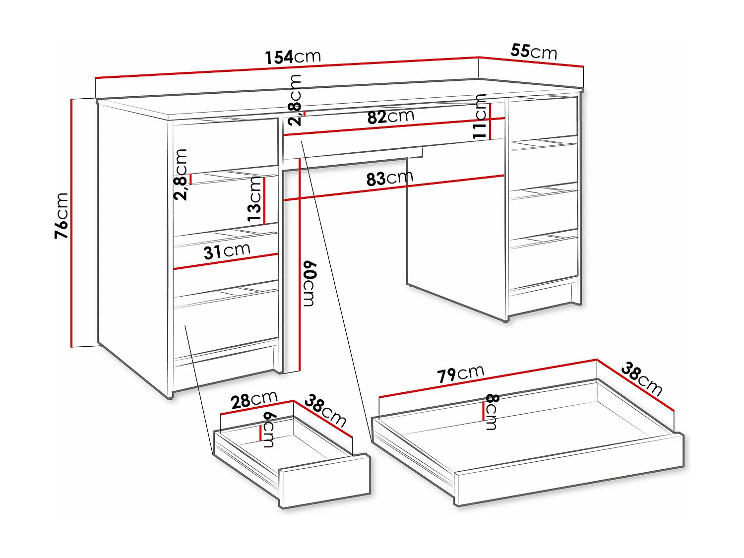 Mesa de oficina Comfivo 401, Con cajones, 76x154x55cm, Antracita