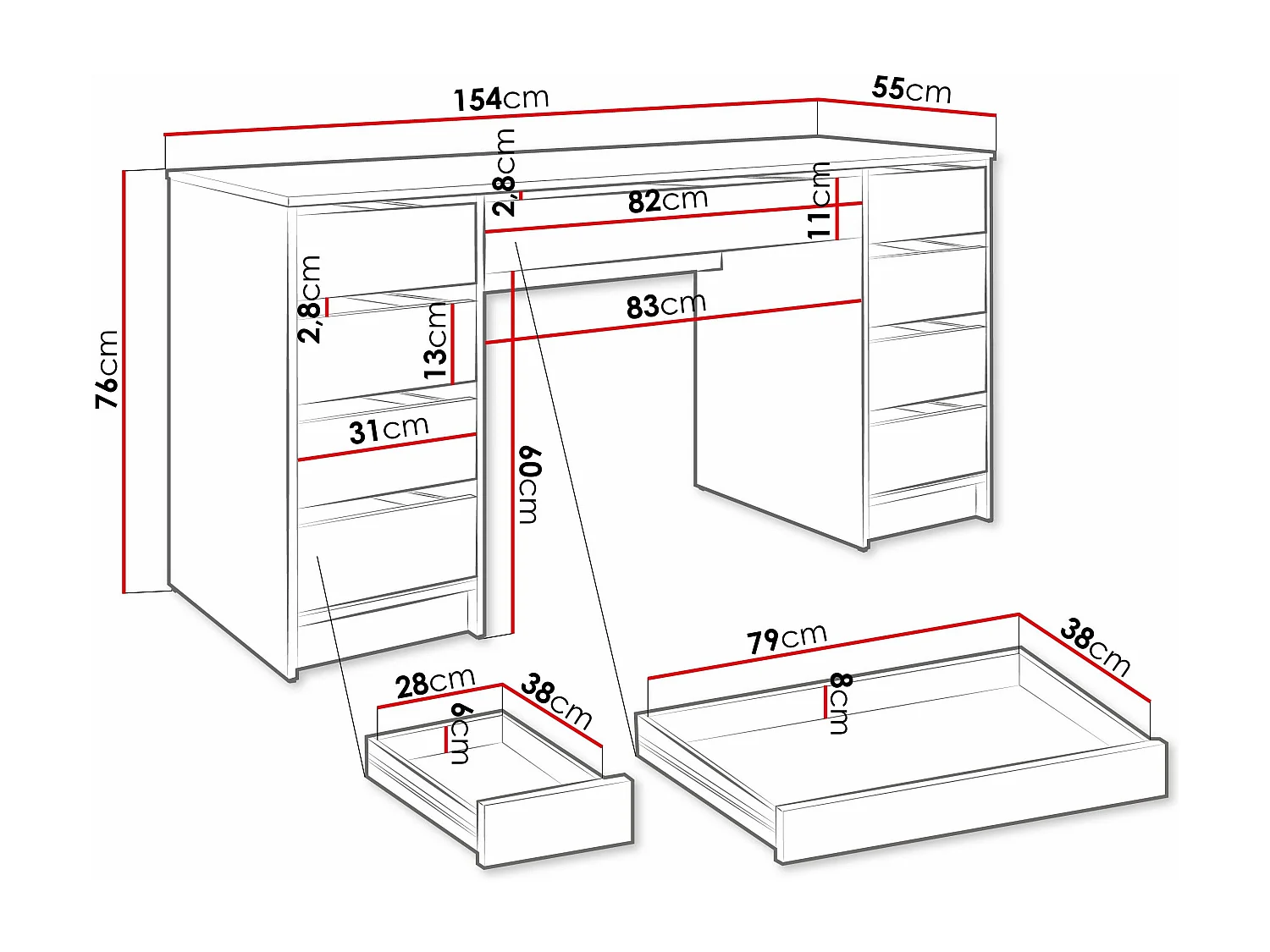 Mesa de oficina Comfivo Terros II, Con cajones, 76x154x55cm, Antracita