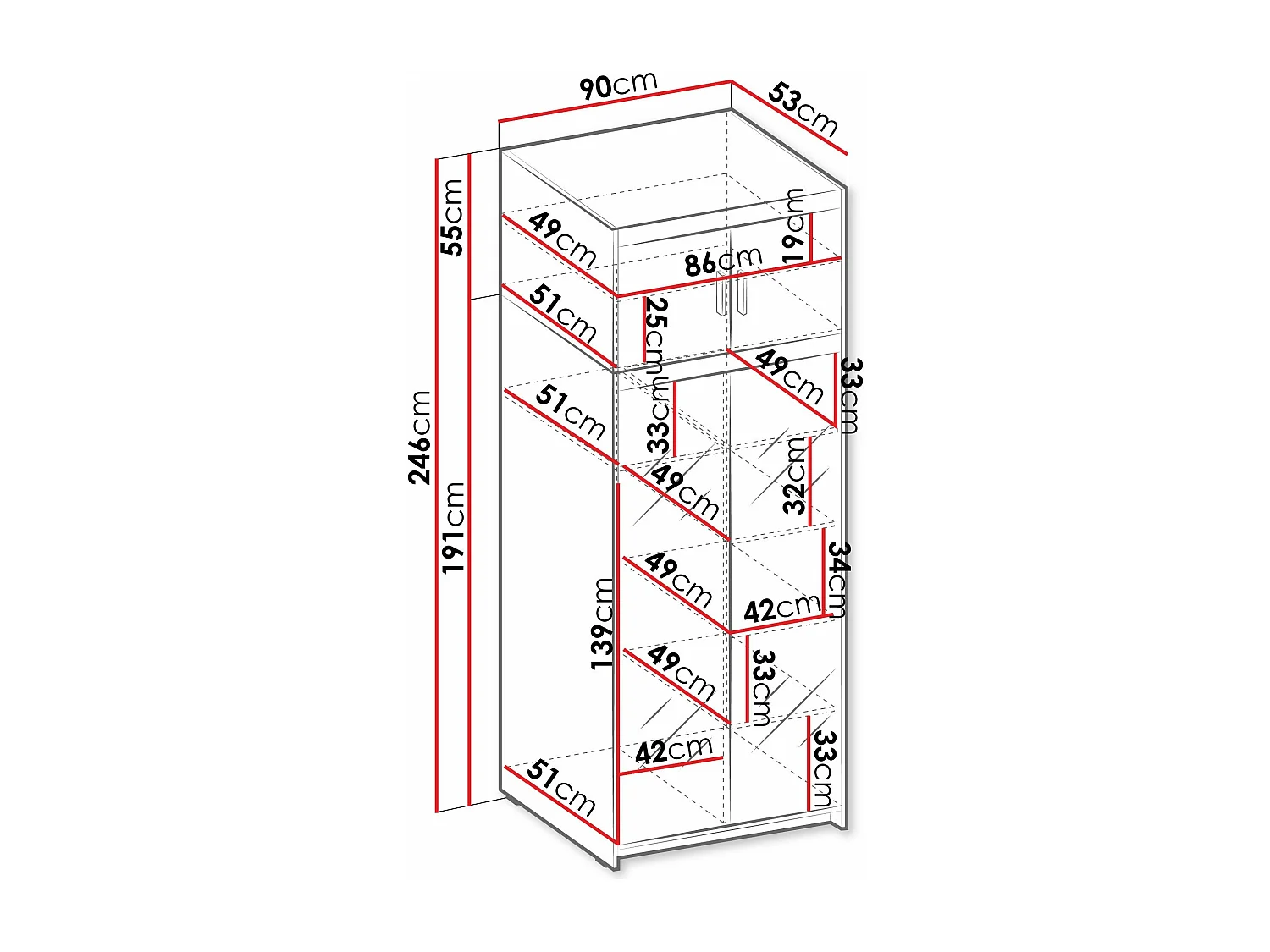 Armoire Novduni 119, Blanc, 246x90x53cm, Portes d'armoire: Avec des charnières