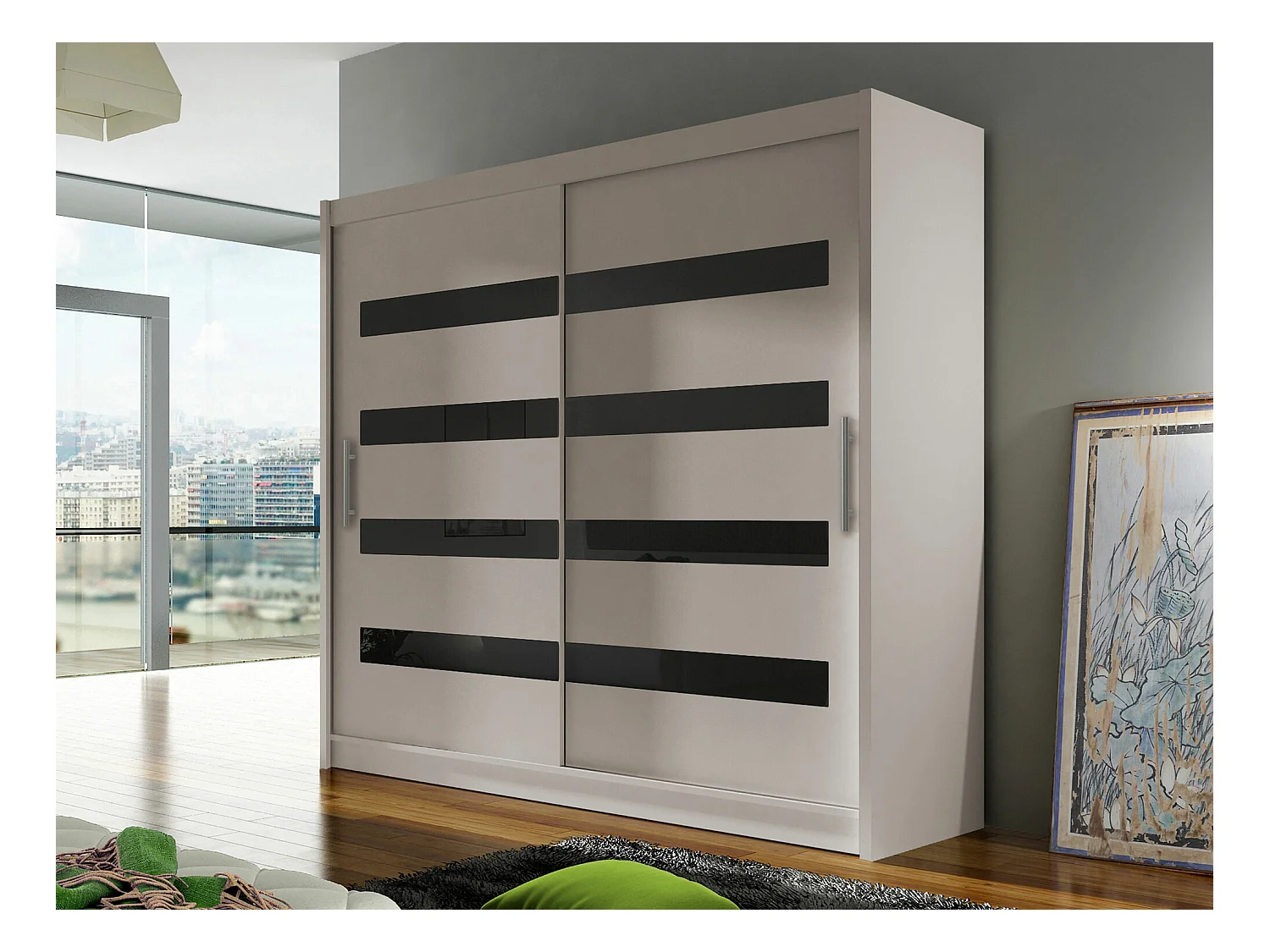 Armoire Closico 156, Noir|Cachemire, 215x180x58cm, Portes d'armoire: Coulissantes