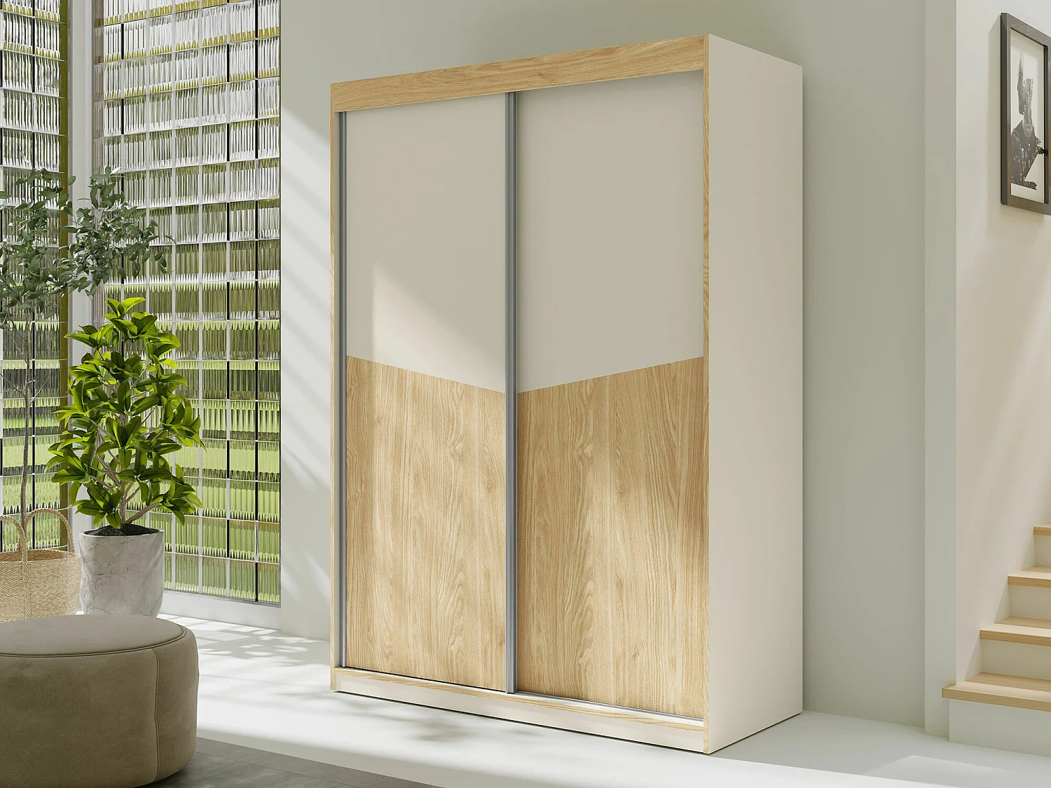 Armoire Tenreme 101, Beige|Chêne, 215x150x65cm, Portes d'armoire: Coulissantes