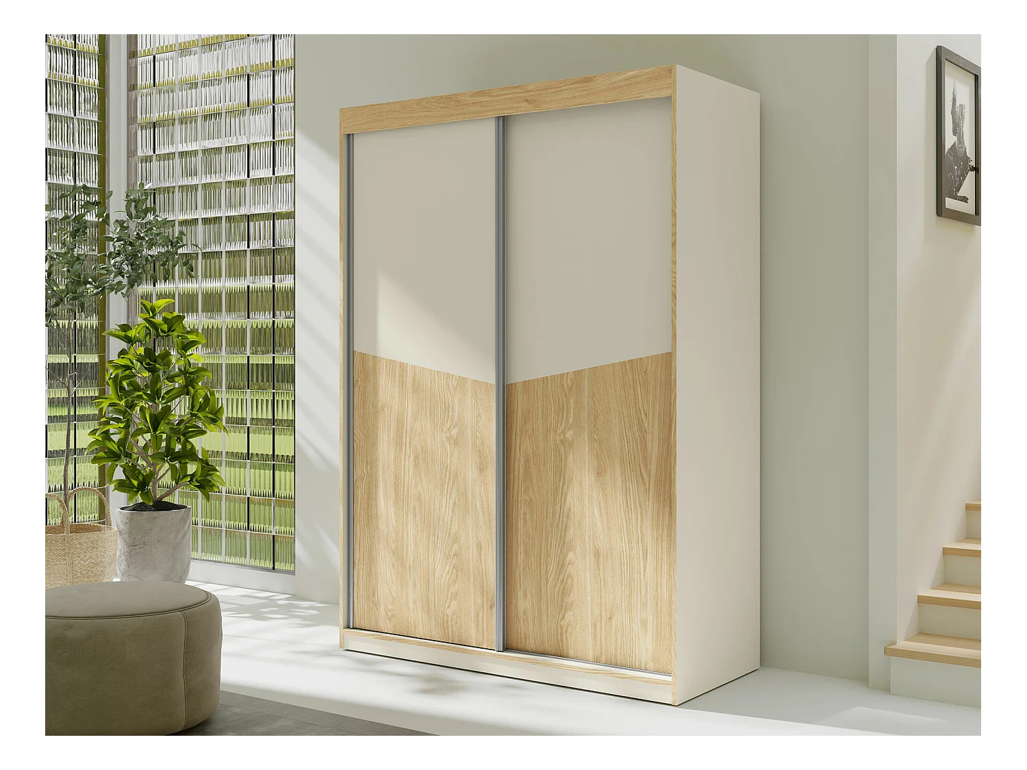 Armoire Tenreme 101, Beige|Chêne, 215x150x65cm, Portes d'armoire: Coulissantes