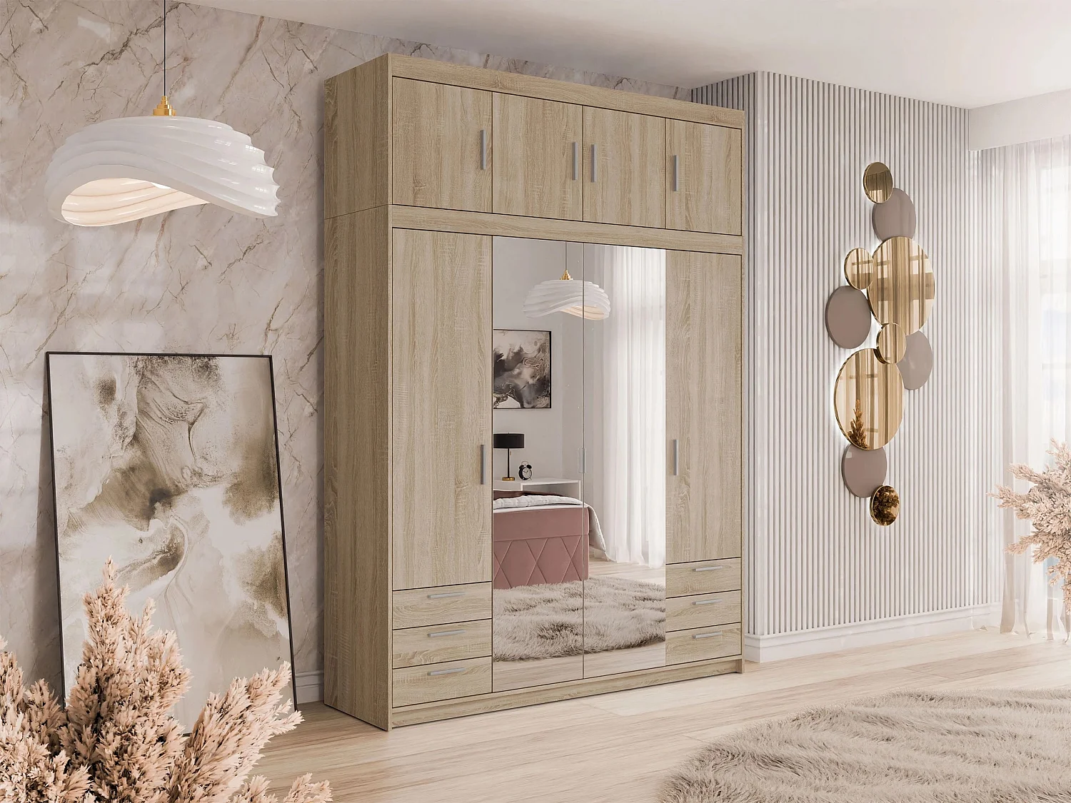 Armoire Novduni 120, Sonoma chêne, 246x177x53cm, Portes d'armoire: Avec des charnières