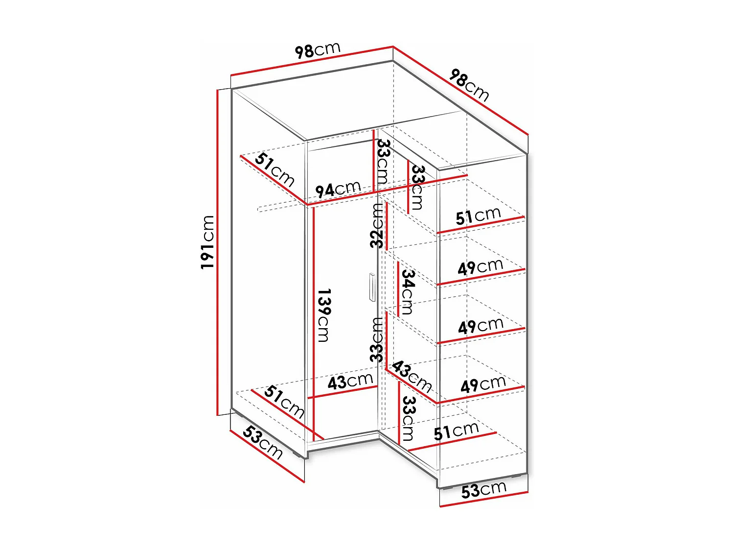 Armoire d'angle Novduni 116, Blanc, 191x98x98cm, Portes d'armoire: Avec des charnières