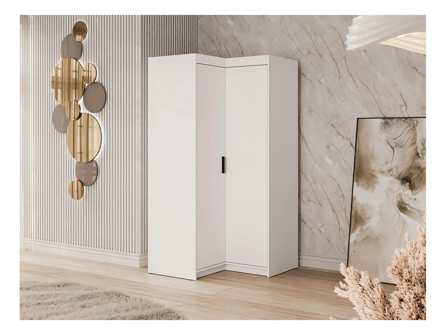 Armadio ad angolo Novduni 116, Bianco, 191x98x98cm, Porte guardaroba: Battenti