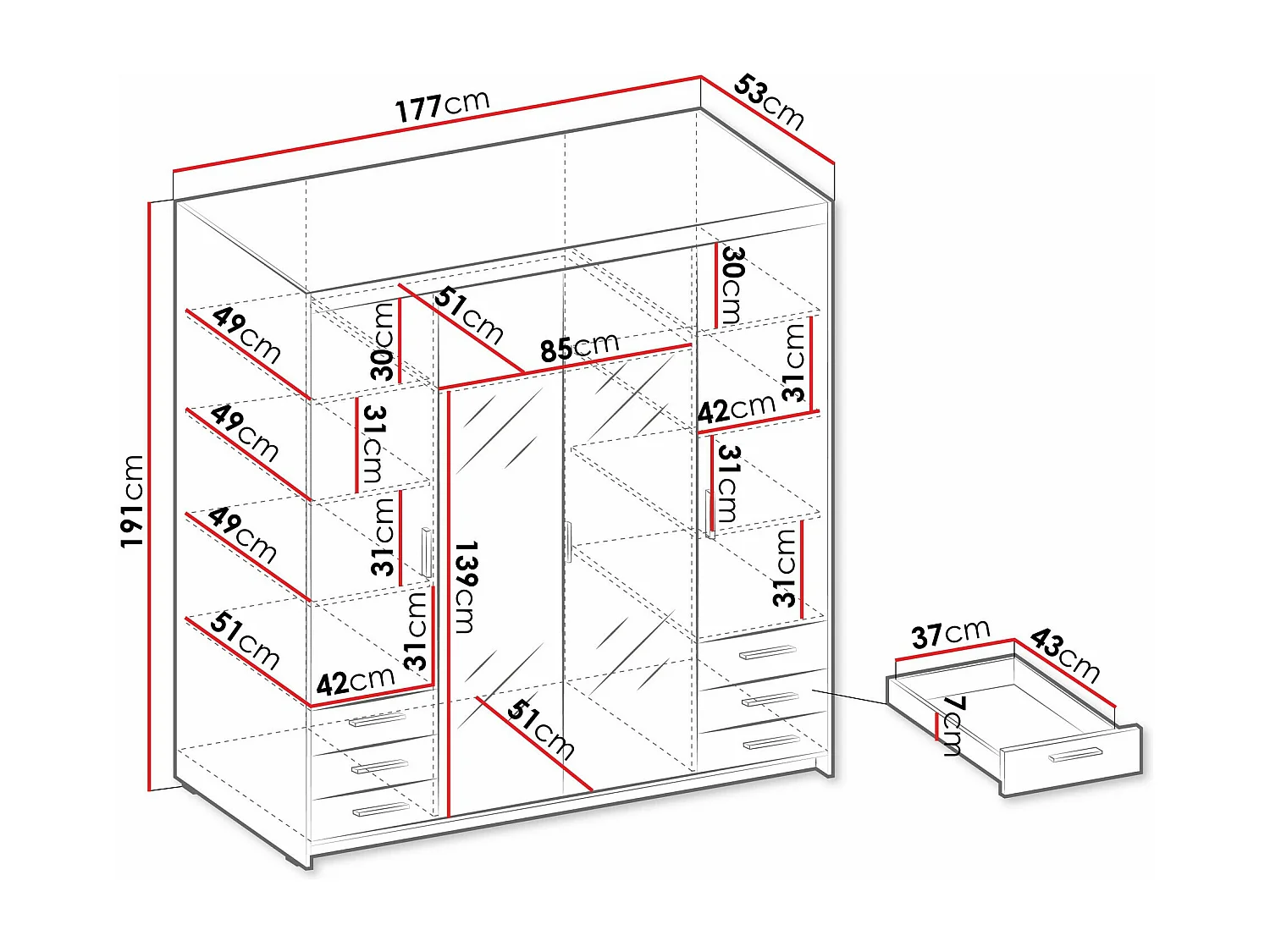 Armario Novduni 115, Blanco, 191x177x53cm, Puertas de armario: Con bisagras