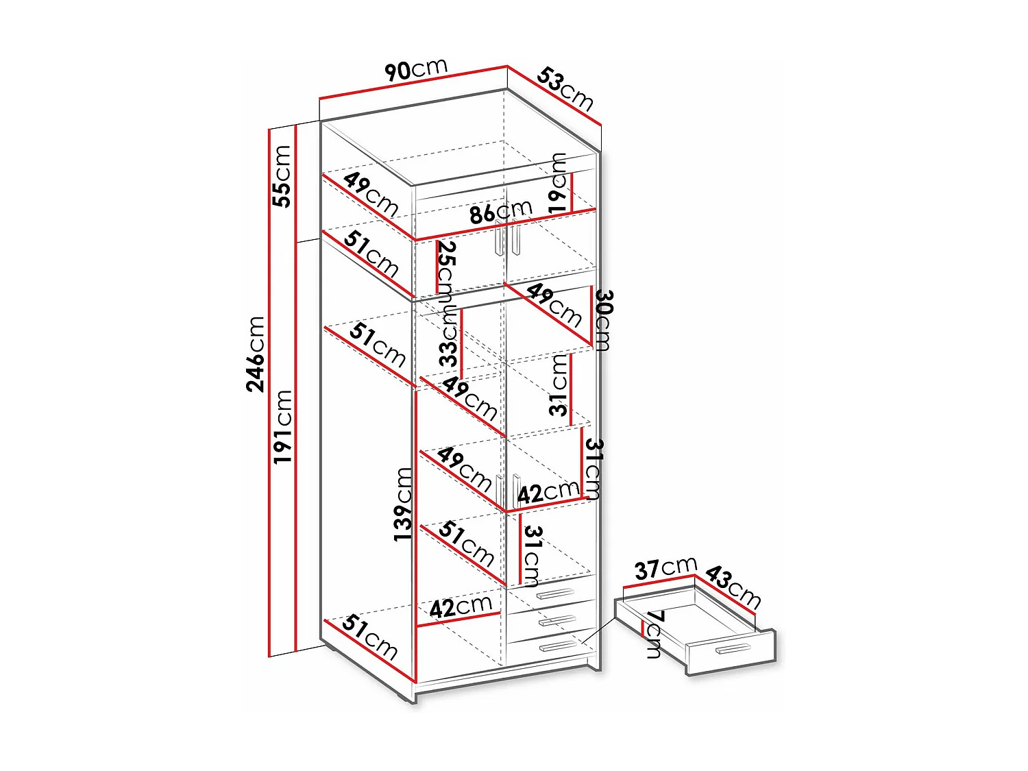 Armario Novduni 113, Roble de lefkada, 191x90x53cm, Puertas de armario: Con bisagras