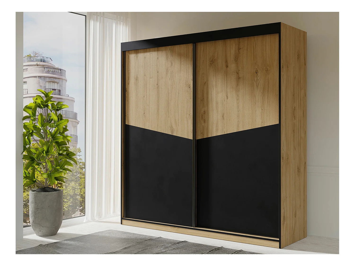 Armoire Tenreme 100, Chêne|Noir, 215x200x65cm, Portes d'armoire: Coulissantes
