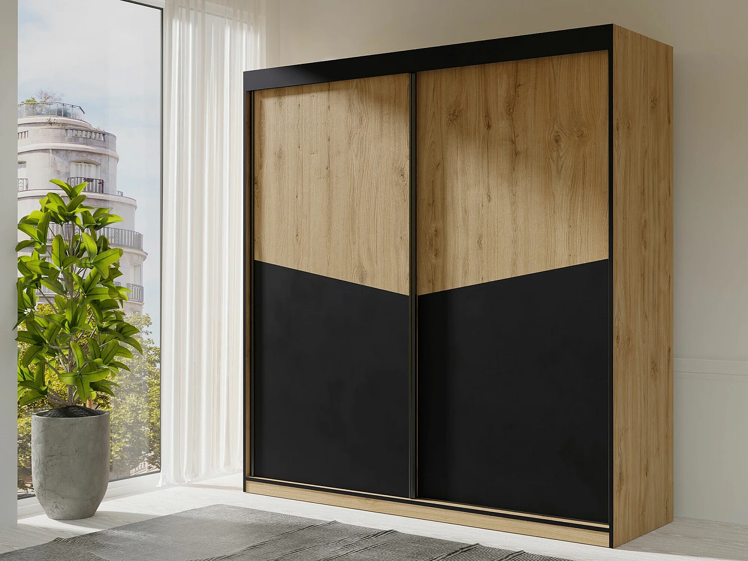 Armoire Tenreme 100, Noir|Chêne, 215x200x65cm, Portes d'armoire: Coulissantes