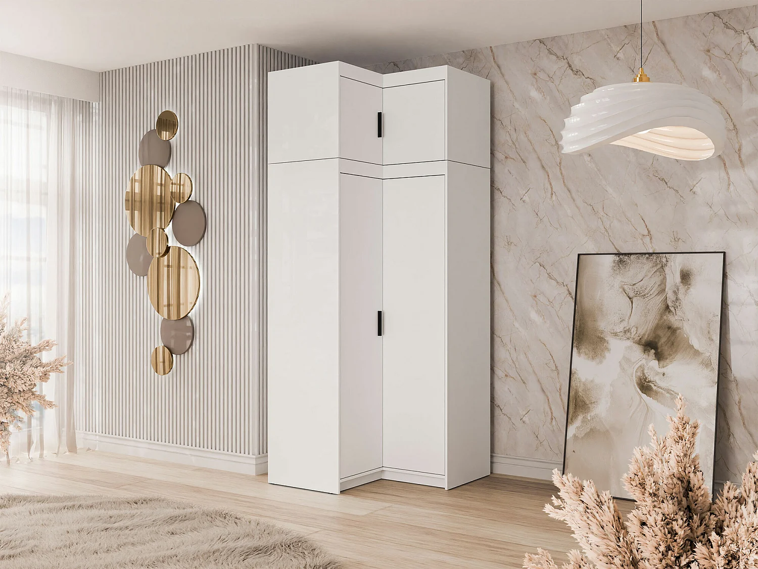 Armoire d'angle Novduni 121, Blanc, 191x98x98cm, Portes d'armoire: Avec des charnières