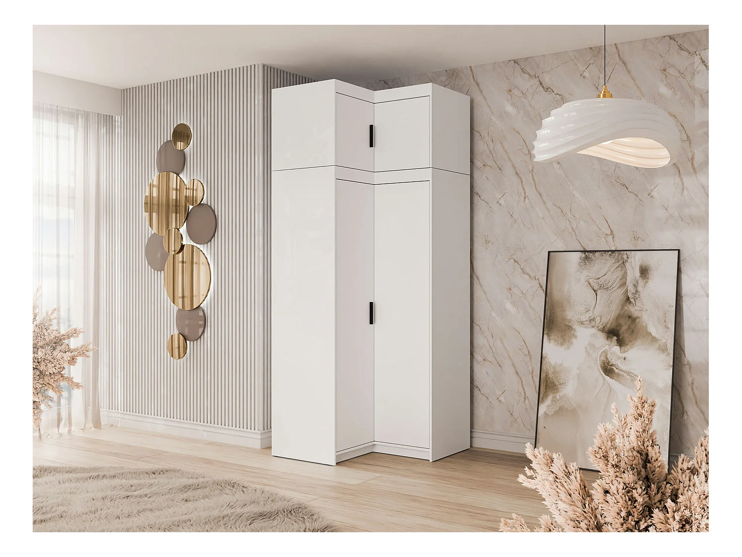 Armadio ad angolo Novduni 121, Bianco, 191x98x98cm, Porte guardaroba: Battenti