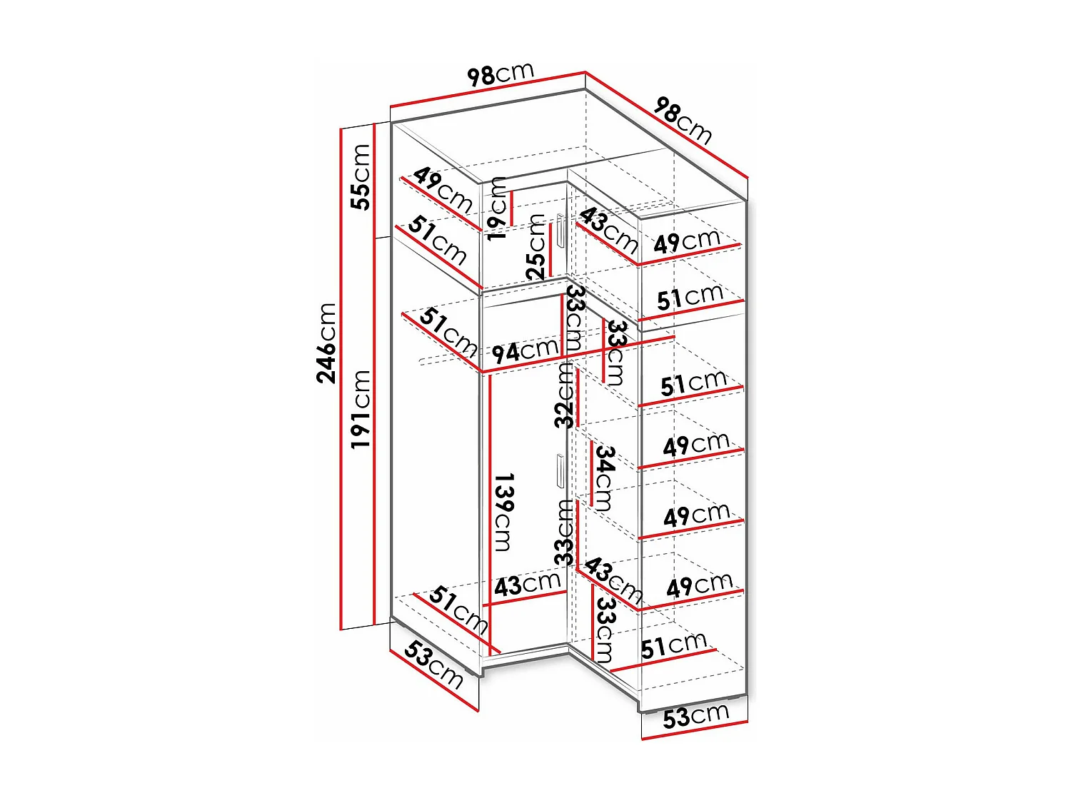 Armario de rincón Novduni 121, Blanco, 191x98x98cm, Puertas de armario: Con bisagras