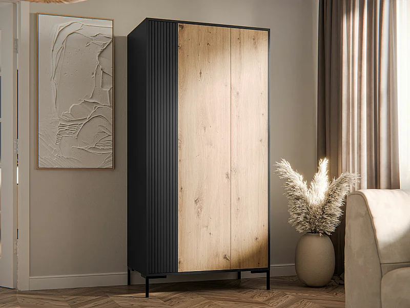 Armario Etrfelu 107, Negro|Roble Artisan, 184x90x55cm, Puertas de armario: Con bisagras