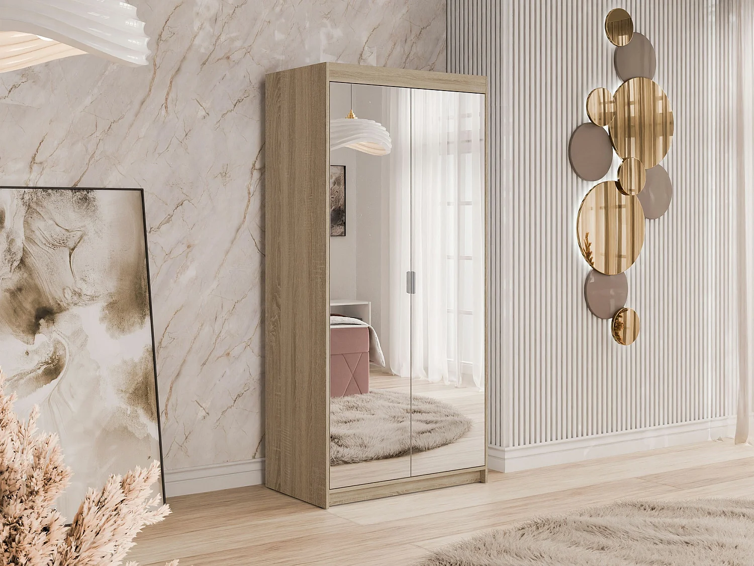 Armario Novduni 114, Roble Sonoma, 191x90x53cm, Puertas de armario: Con bisagras