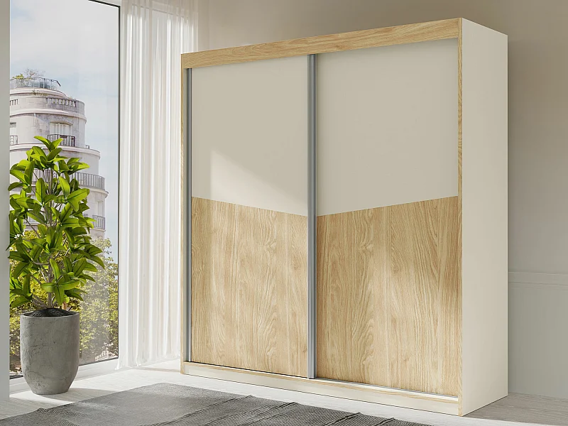 Armario Tenreme 100, Beige|Roble, 215x200x65cm, Puertas de armario: Correderas