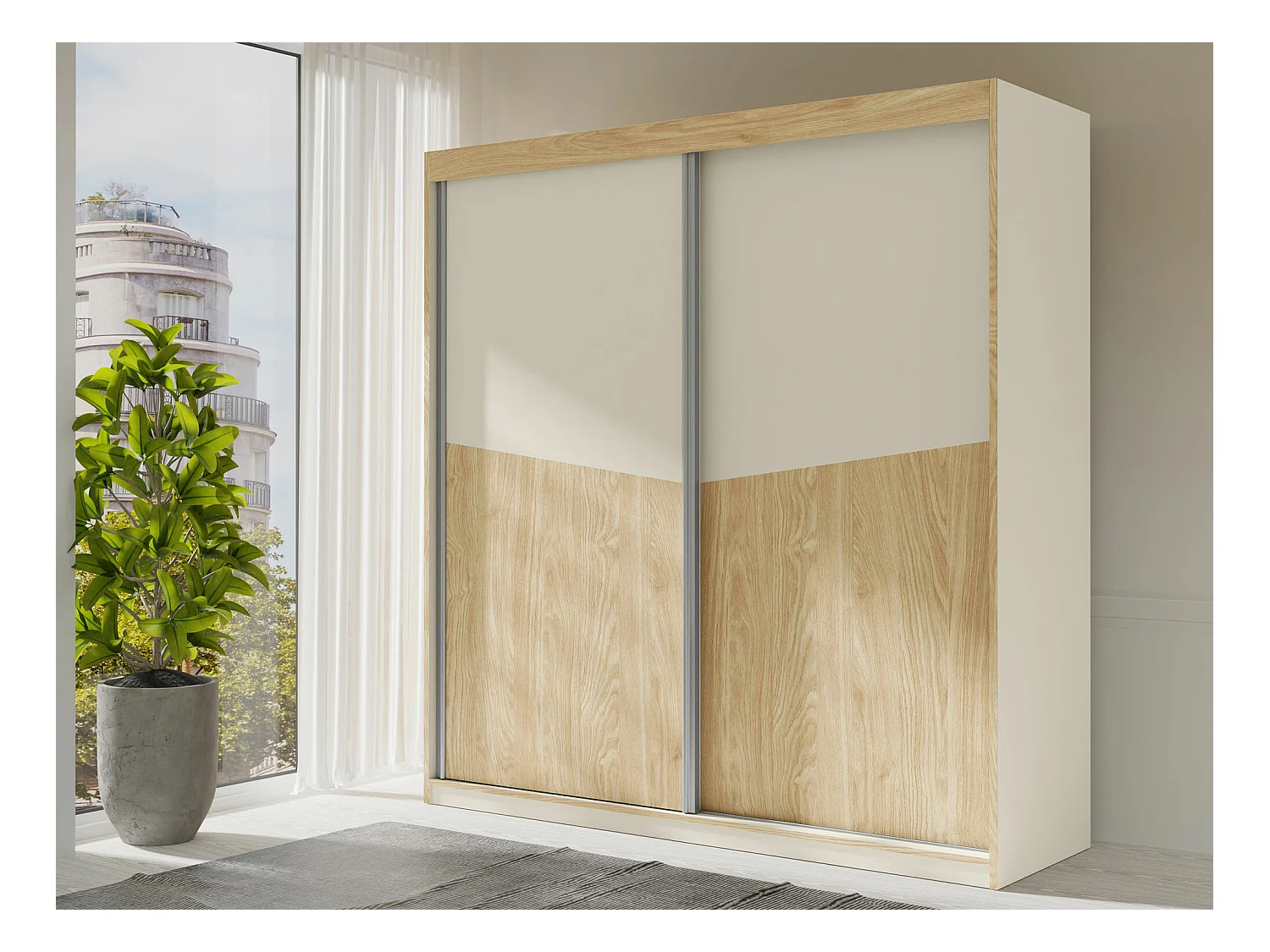 Armoire Tenreme 100, Beige|Chêne, 215x200x65cm, Portes d'armoire: Coulissantes