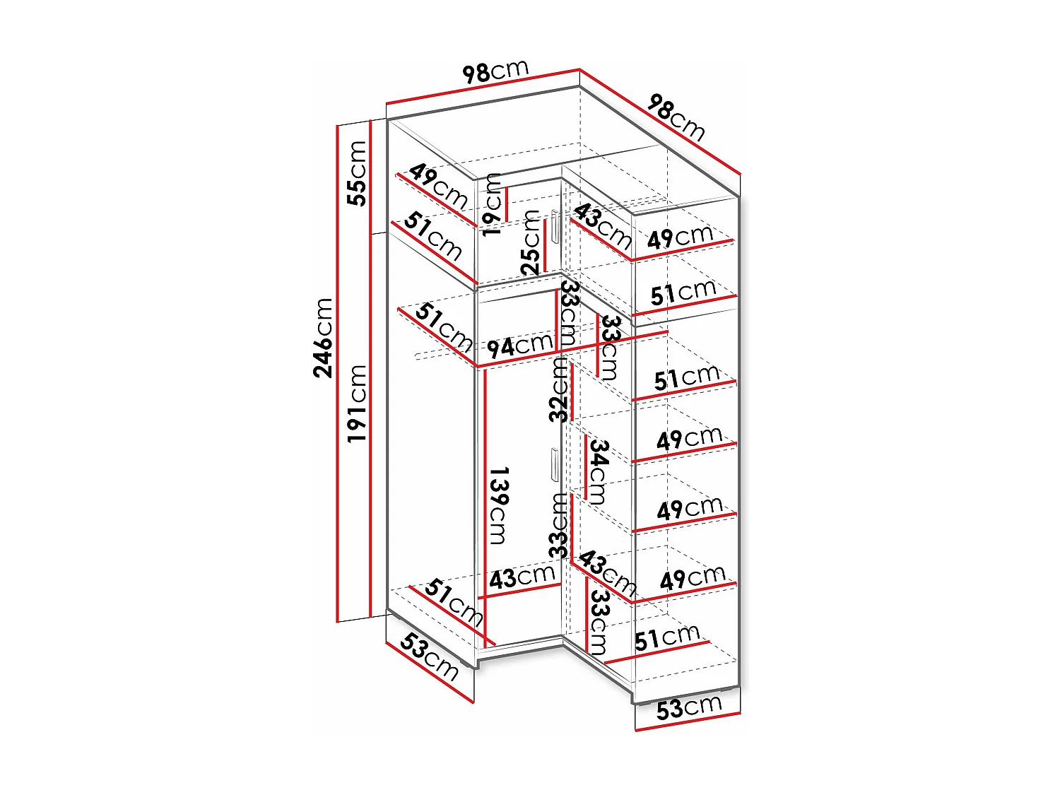 Armoire d'angle Novduni 121, Sonoma chêne, 246x98x98cm