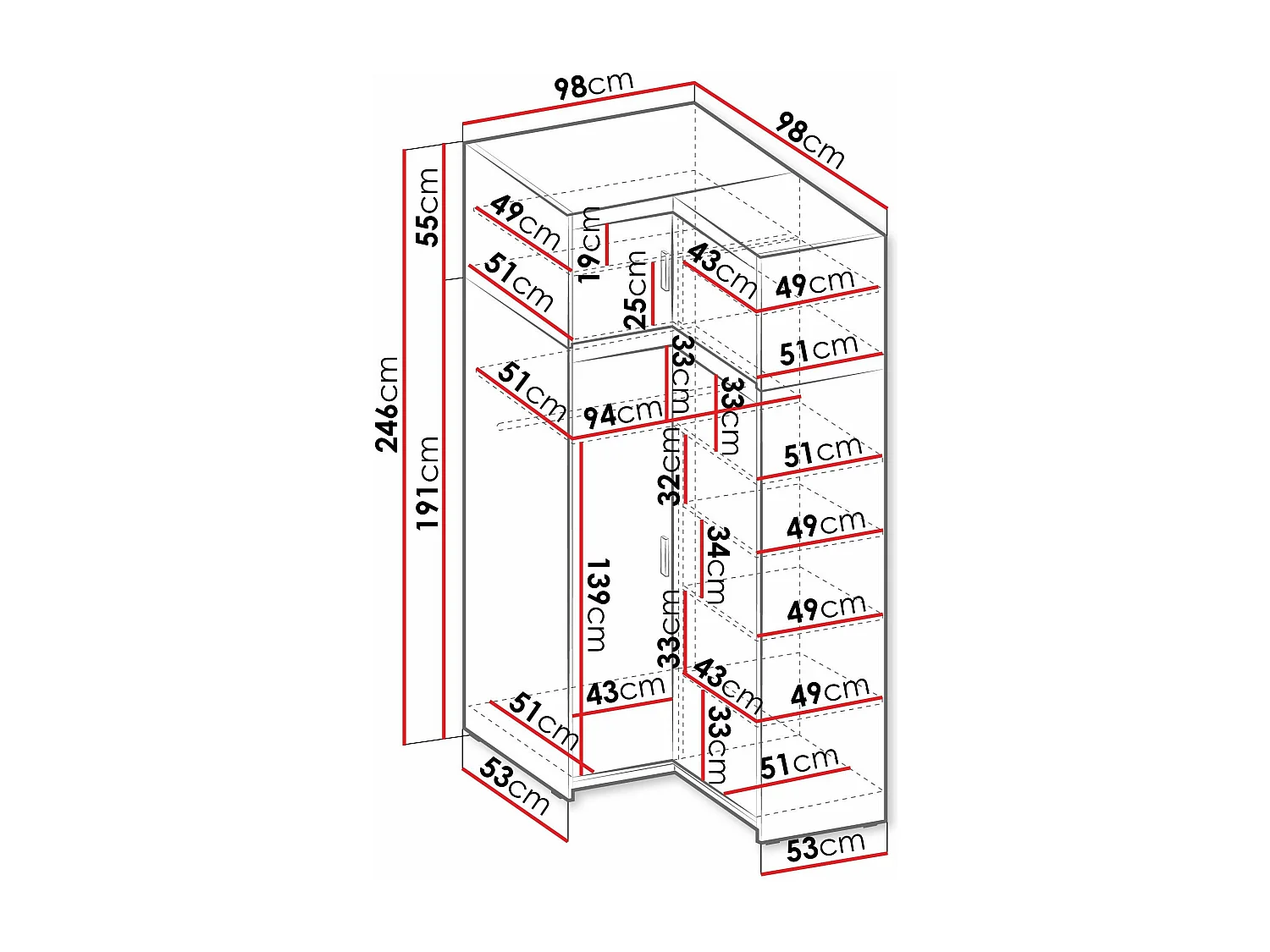 Armoire d'angle Novduni 121, Chêne de Lefkas, 246x98x98cm