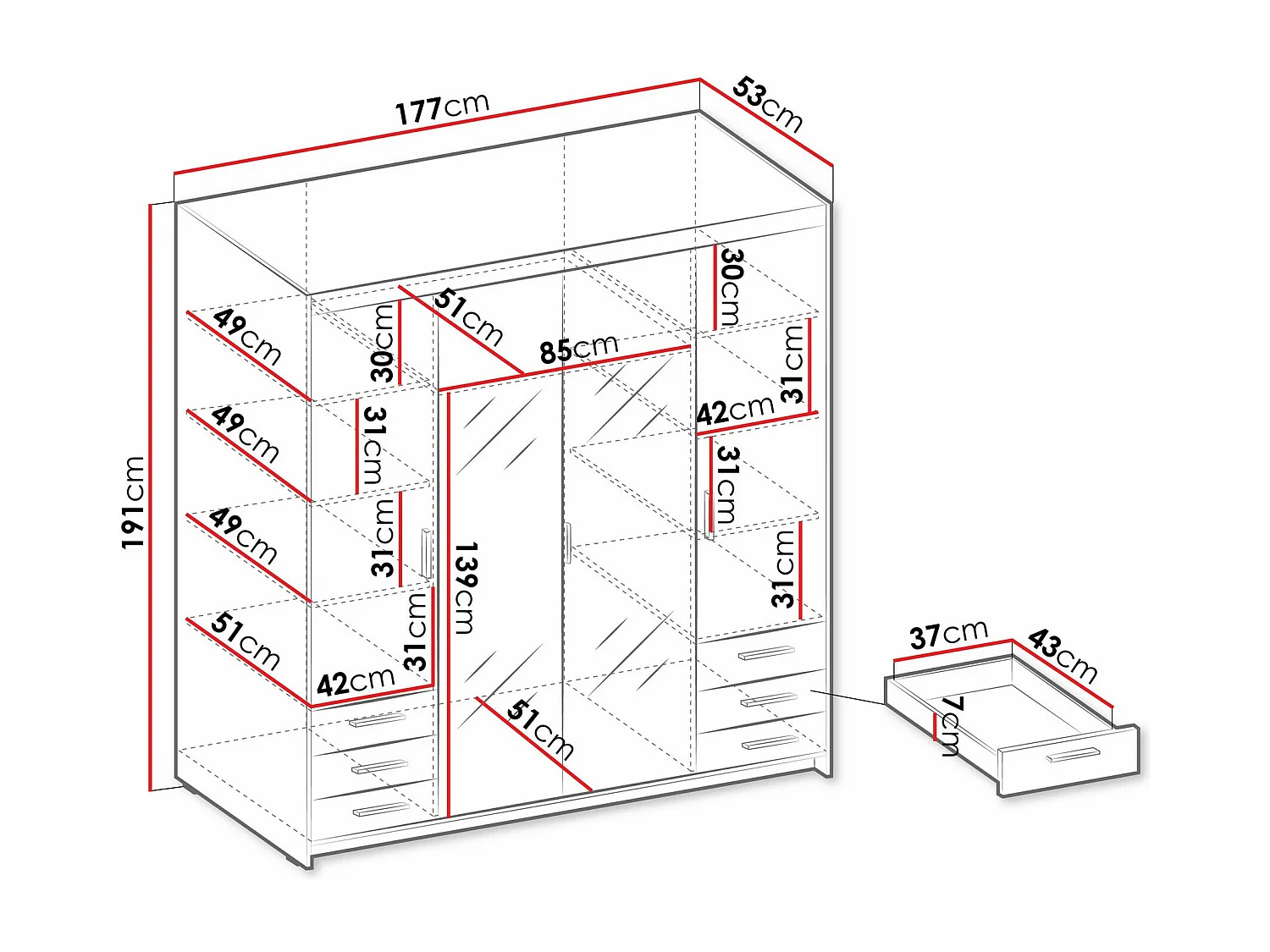 Armario Novduni 115, Roble de lefkada, 191x177x53cm, Puertas de armario: Con bisagras