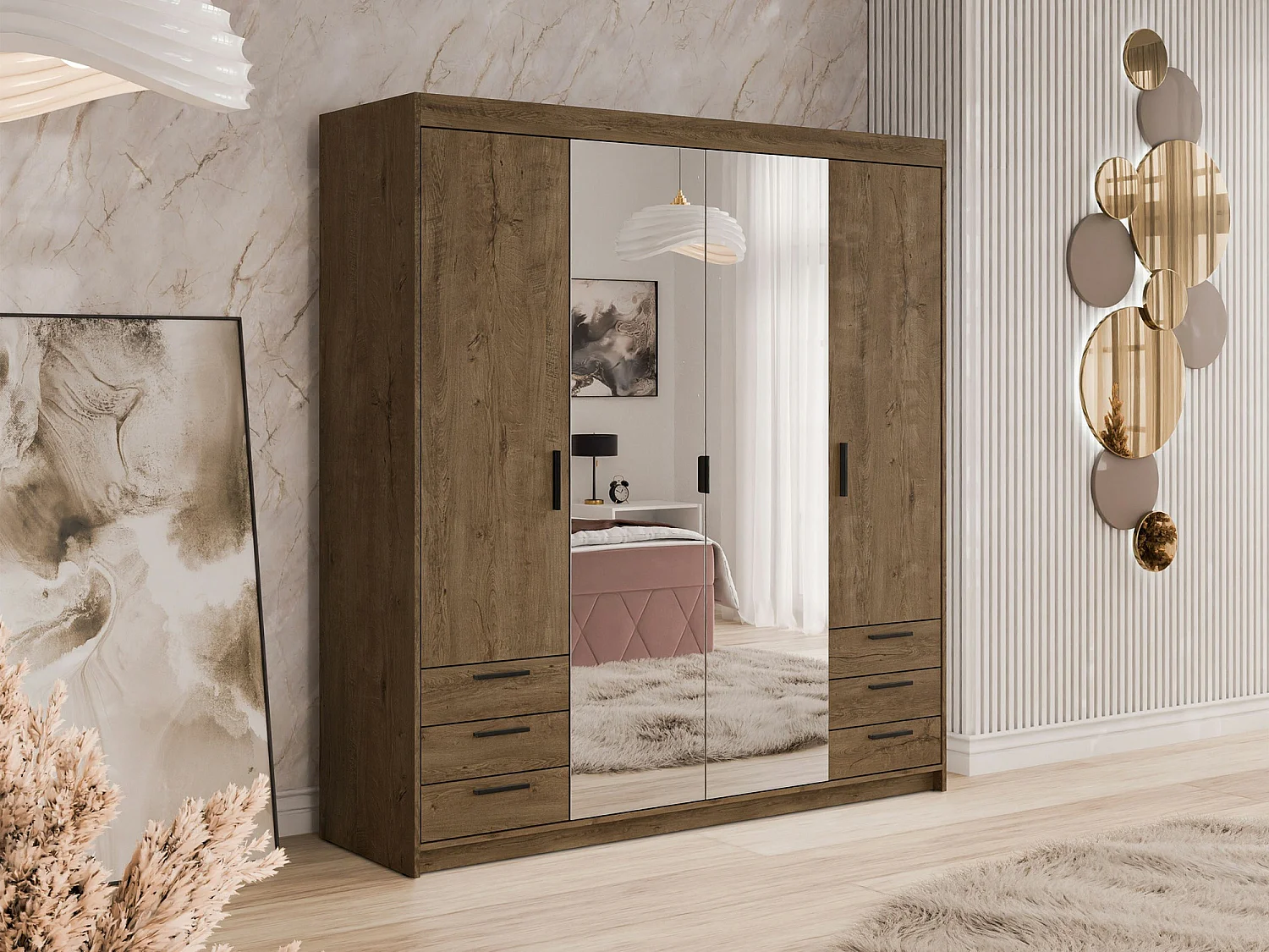 Armario Novduni 115, Roble de lefkada, 191x177x53cm, Puertas de armario: Con bisagras