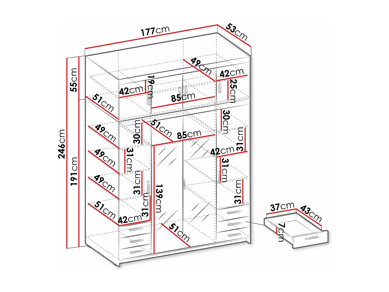 Armoire Novduni 120, Blanc, 246x177x53cm, Portes d'armoire: Avec des charnières