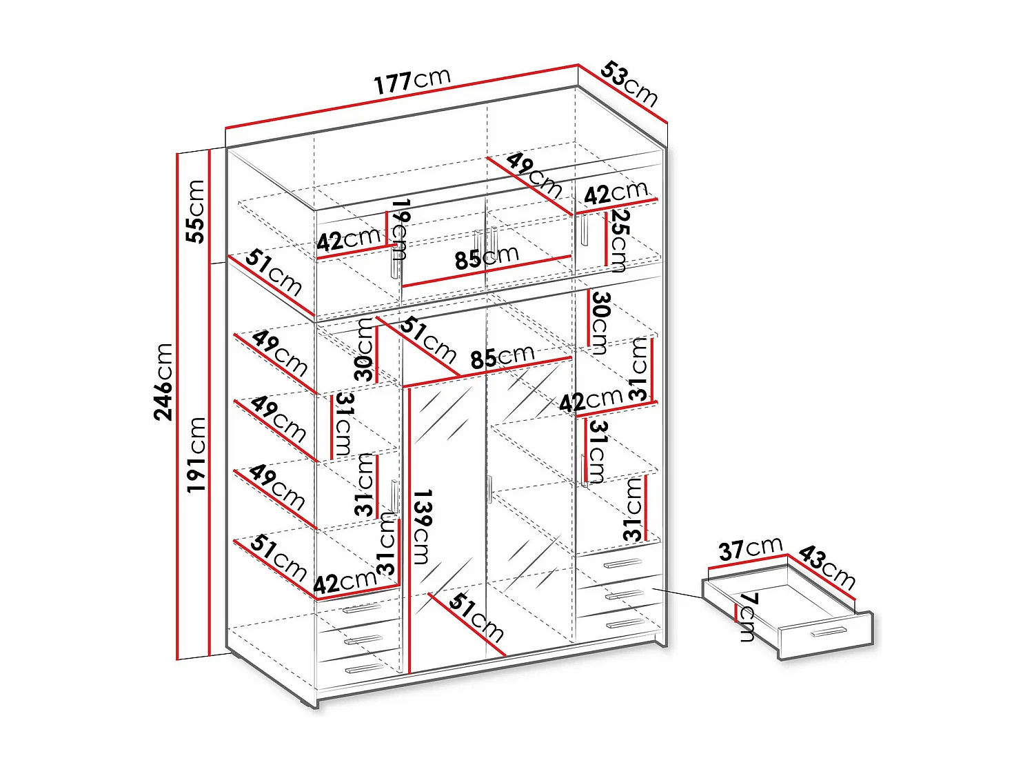 Armario Novduni 120, Roble de lefkada, 191x177x53cm, Puertas de armario: Con bisagras