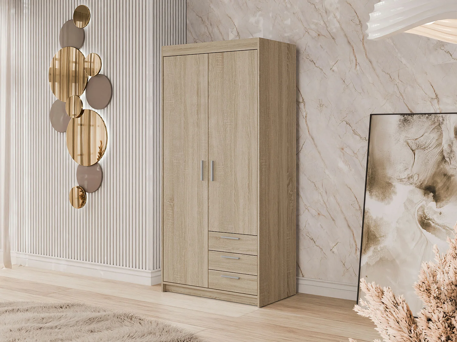 Armario Novduni 112, Roble Sonoma, 191x90x53cm, Puertas de armario: Con bisagras