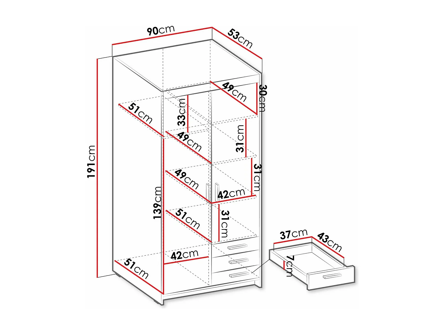 Armario Novduni 112, Roble Sonoma, 191x90x53cm, Puertas de armario: Con bisagras