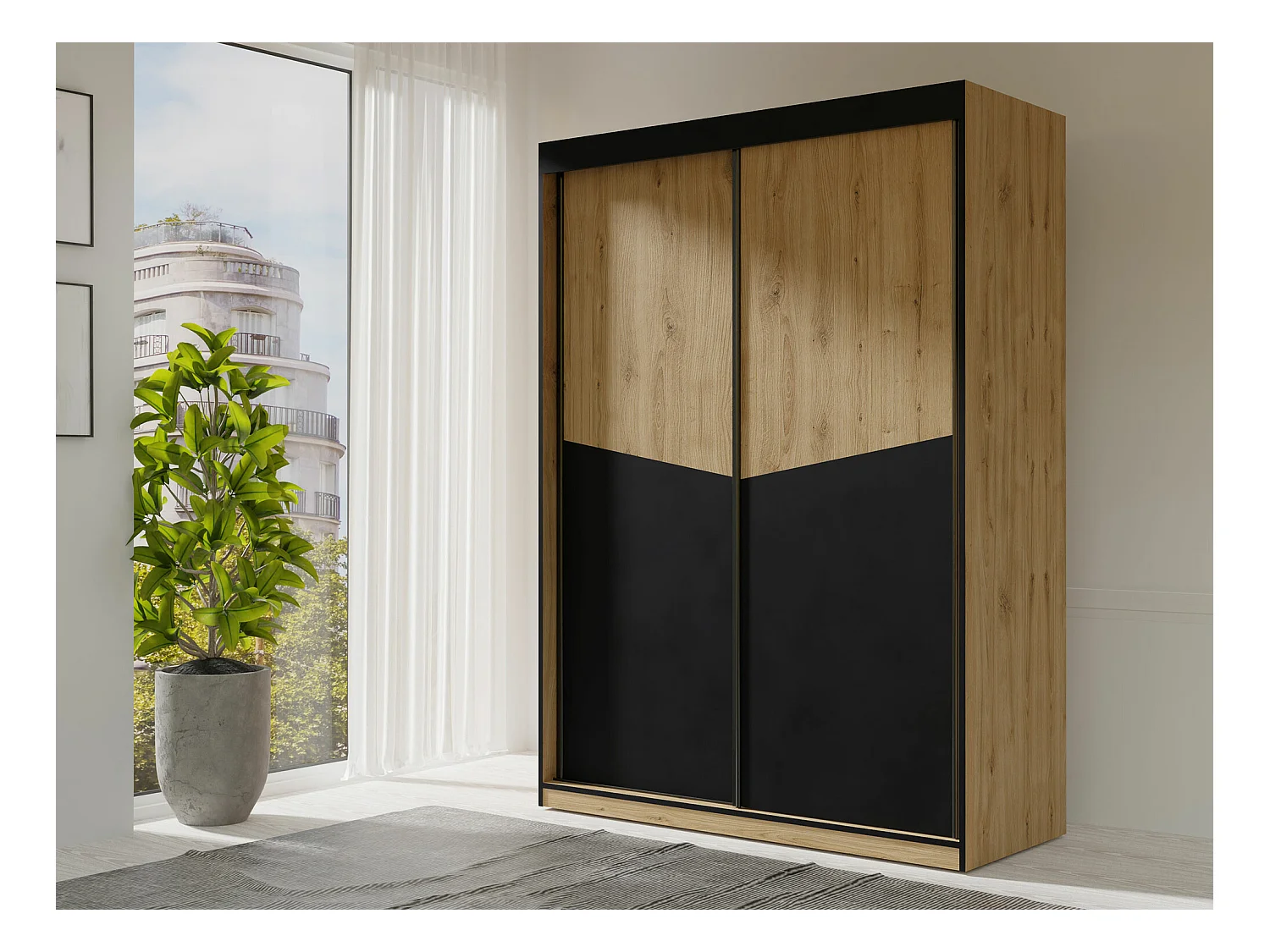 Armoire Tenreme 101, Chêne|Noir, 215x150x65cm, Portes d'armoire: Coulissantes
