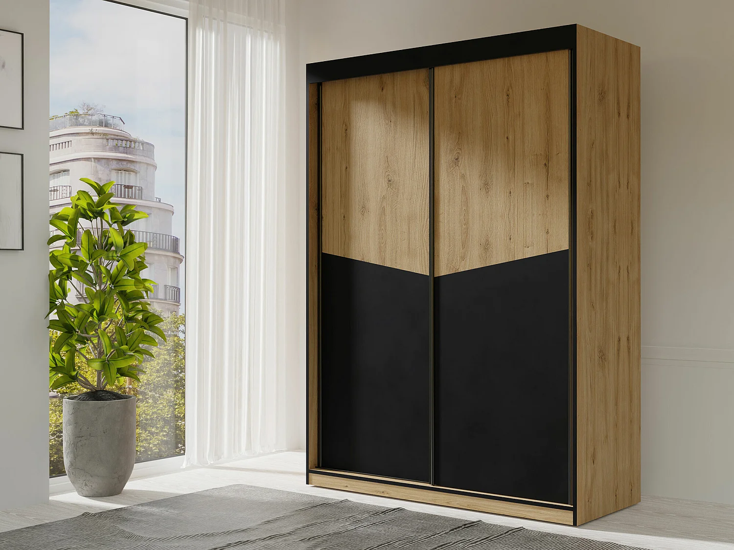 Armoire Tenreme 101, Noir|Chêne, 215x150x65cm, Portes d'armoire: Coulissantes
