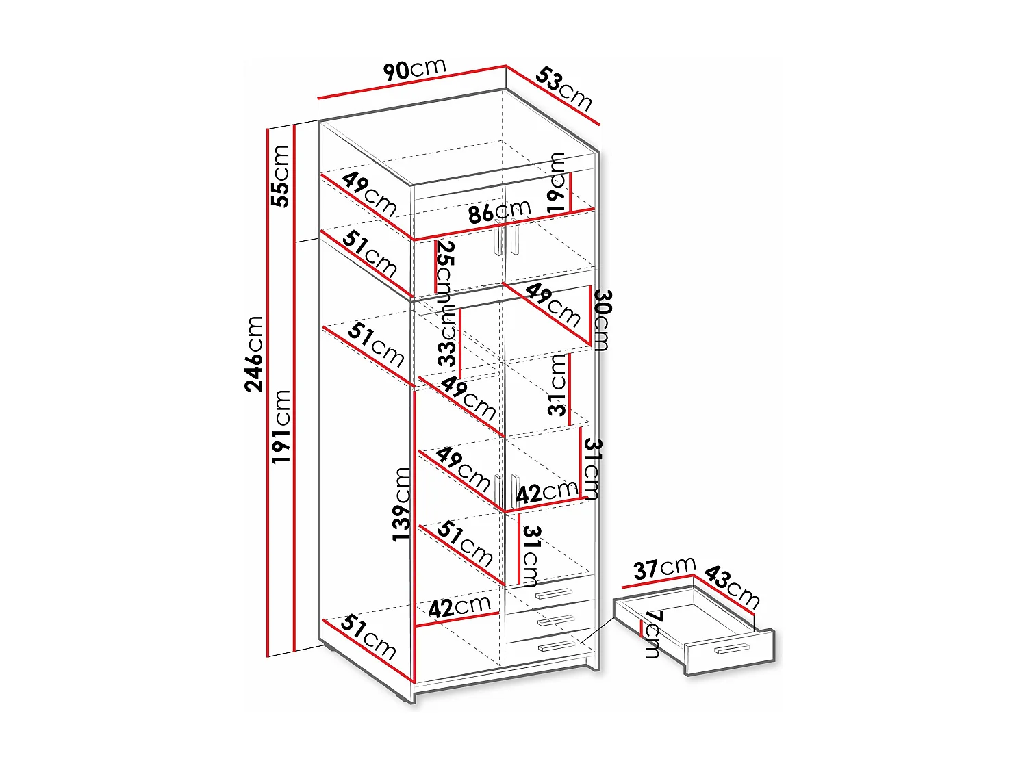 Armario Novduni 113, Blanco, 246x90x53cm, Puertas de armario: Con bisagras