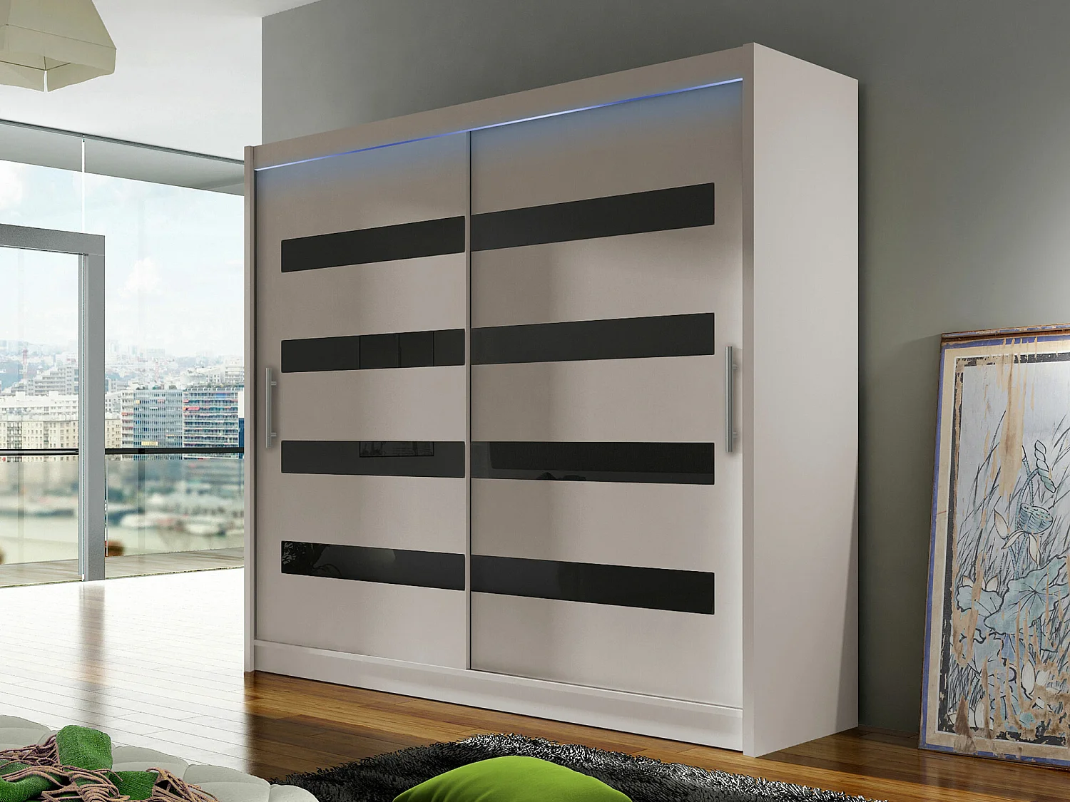 Guardaroba Closico 156, Cachemire|Nero, 215x180x58cm, Porte guardaroba: Scorrevoli