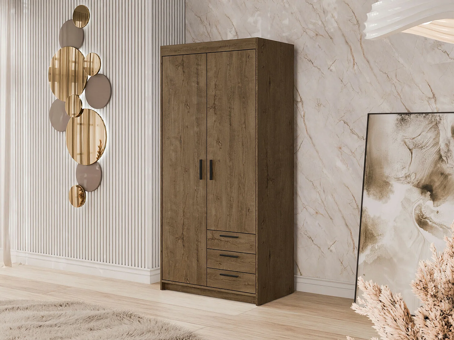 Armario Novduni 112, Roble de lefkada, 191x90x53cm, Puertas de armario: Con bisagras