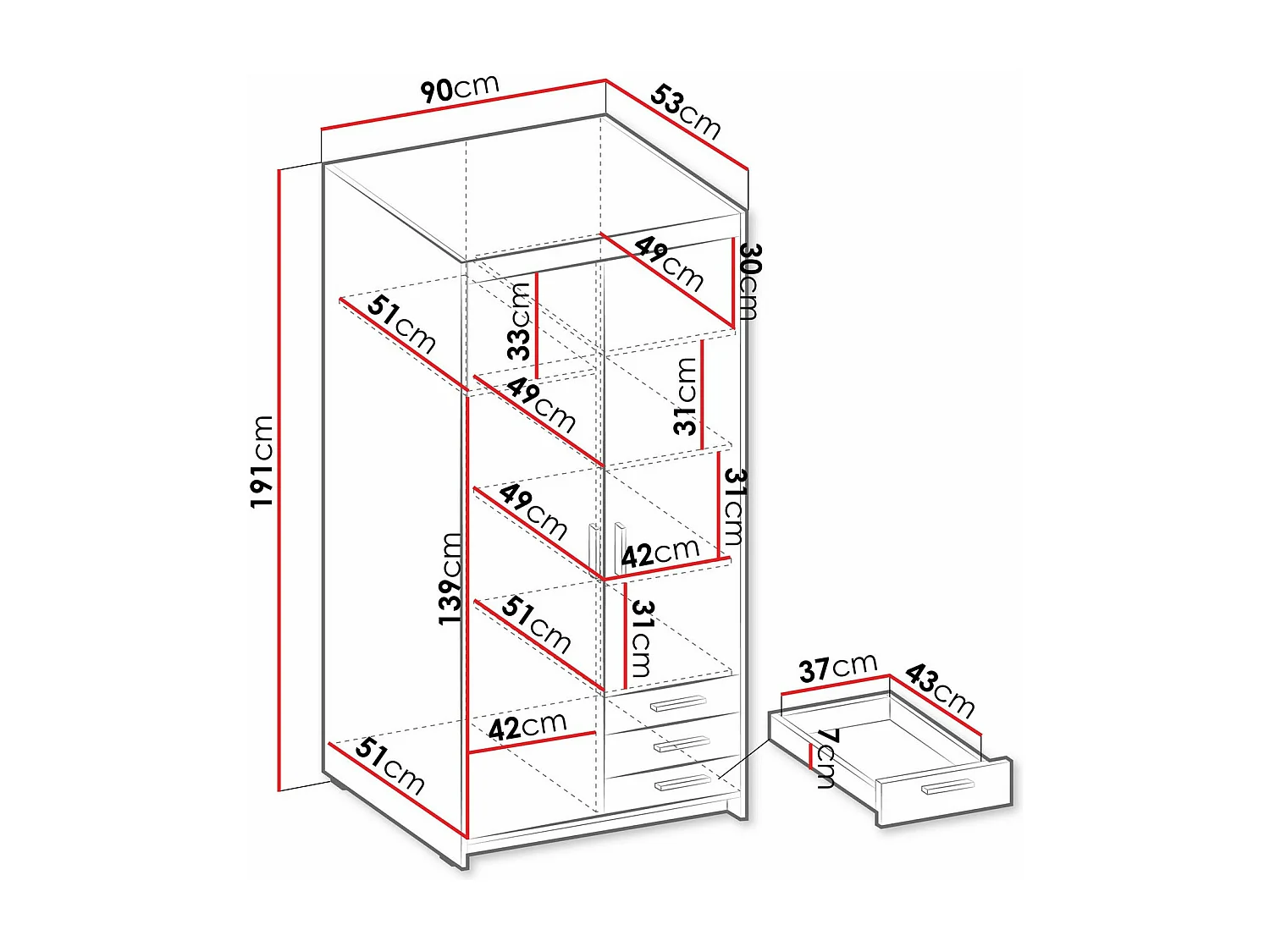 Armario Novduni 112, Roble de lefkada, 191x90x53cm, Puertas de armario: Con bisagras