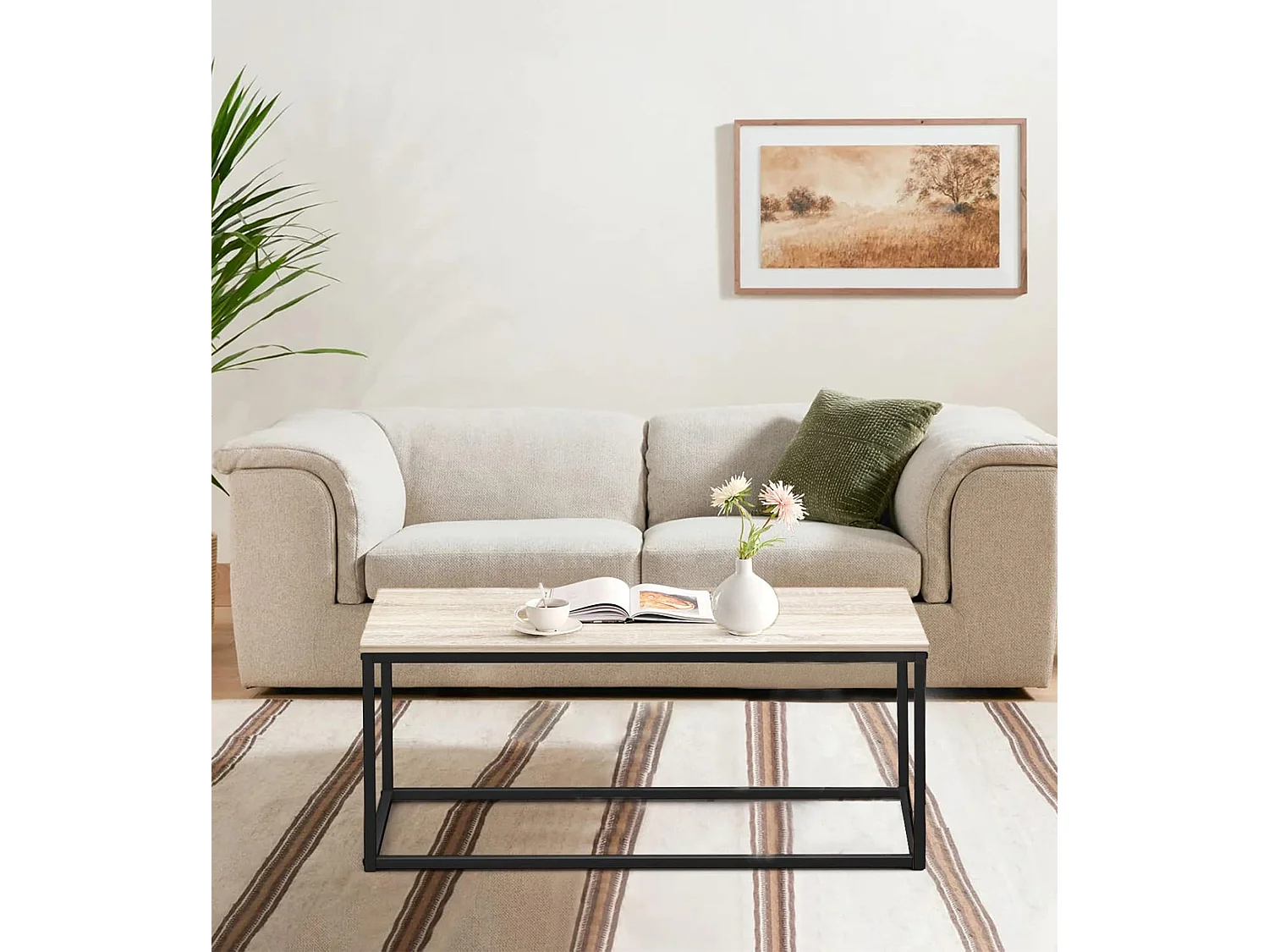 Mesa de centro de 100x55x45 cm con sobre de melamina y patas metálicas en negro Viera