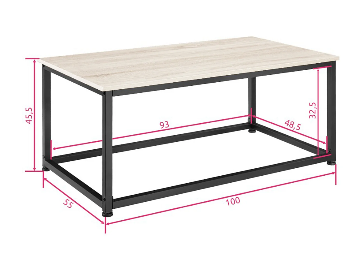 Mesa de centro de 100x55x45 cm con sobre de melamina y patas metálicas en negro Viera