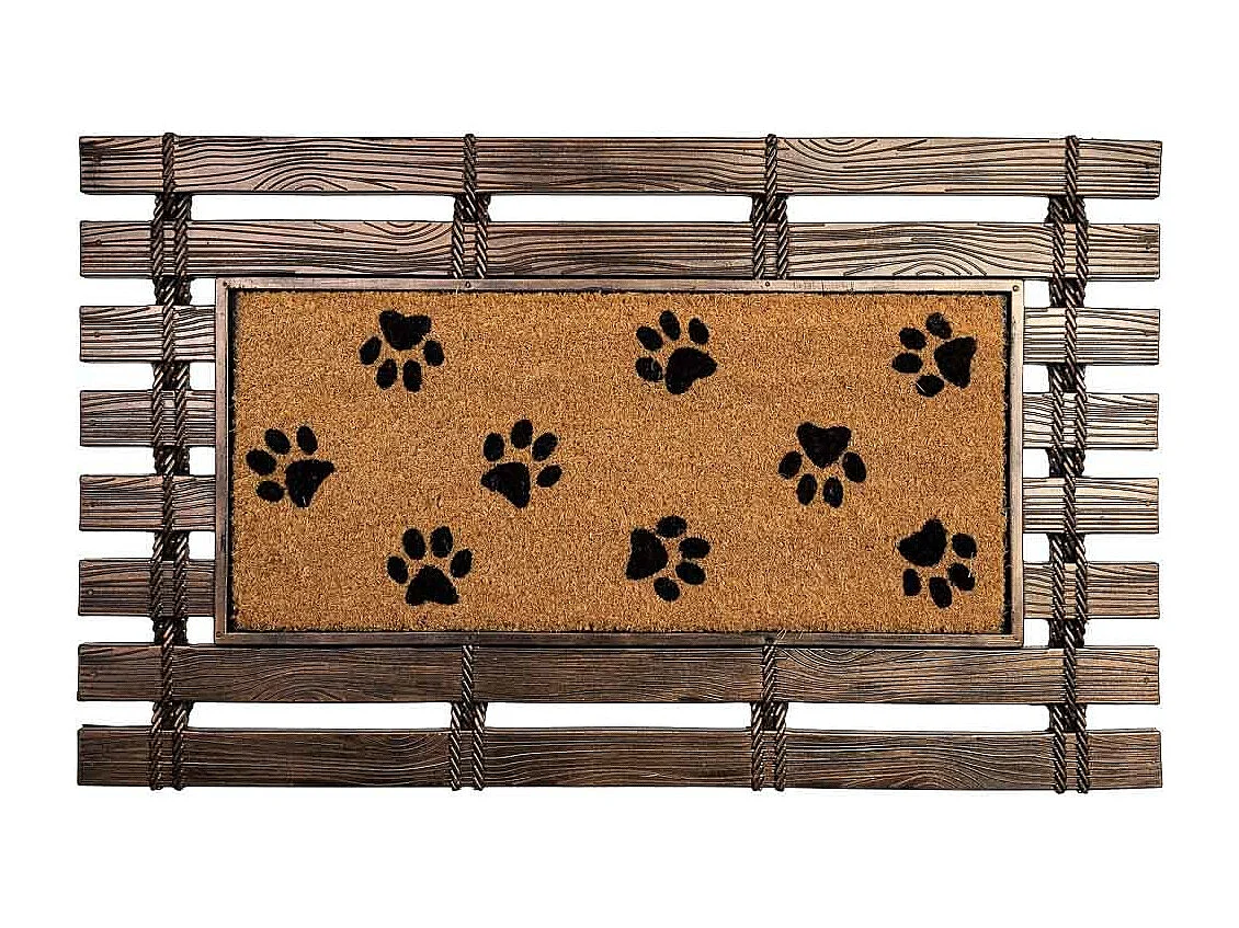 Felpudo de goma y fibra natural impreso huellas marron 75x45