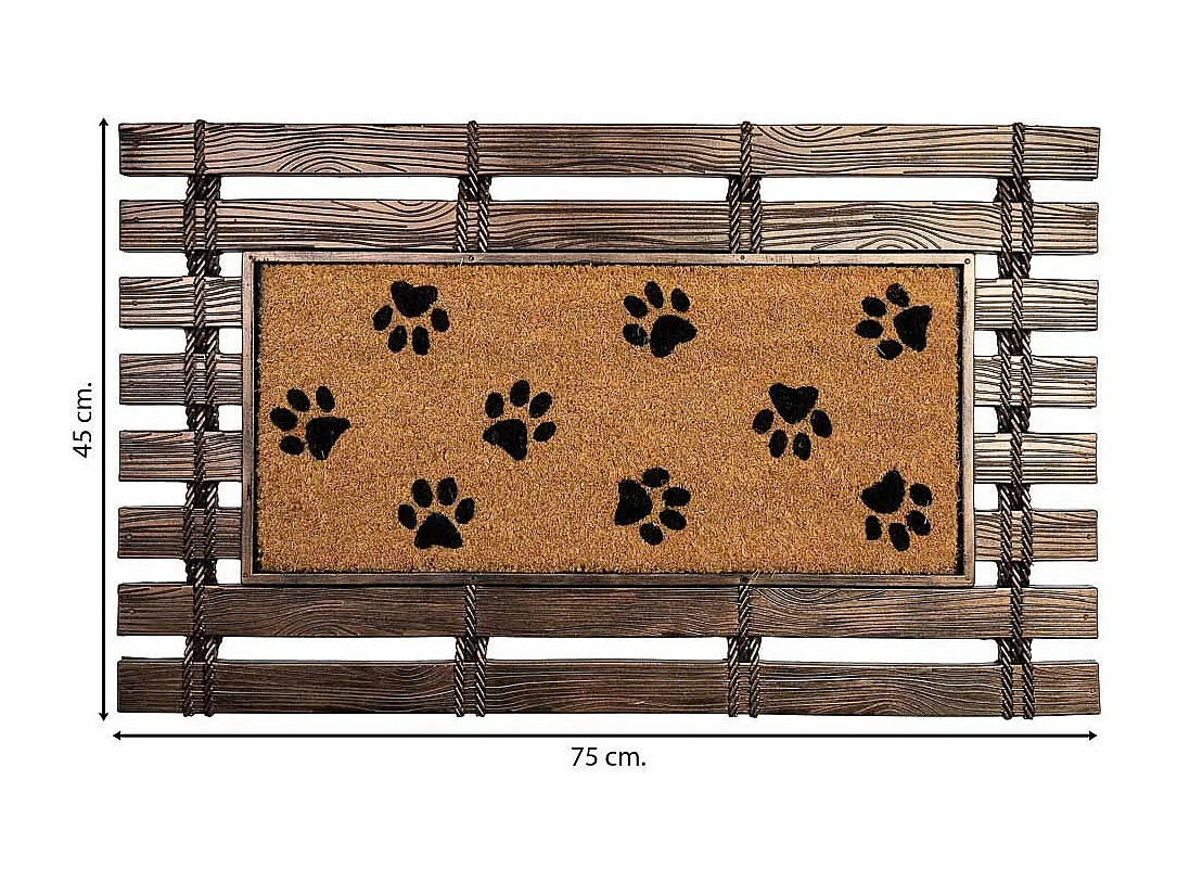 Felpudo de goma y fibra natural impreso huellas marron 75x45