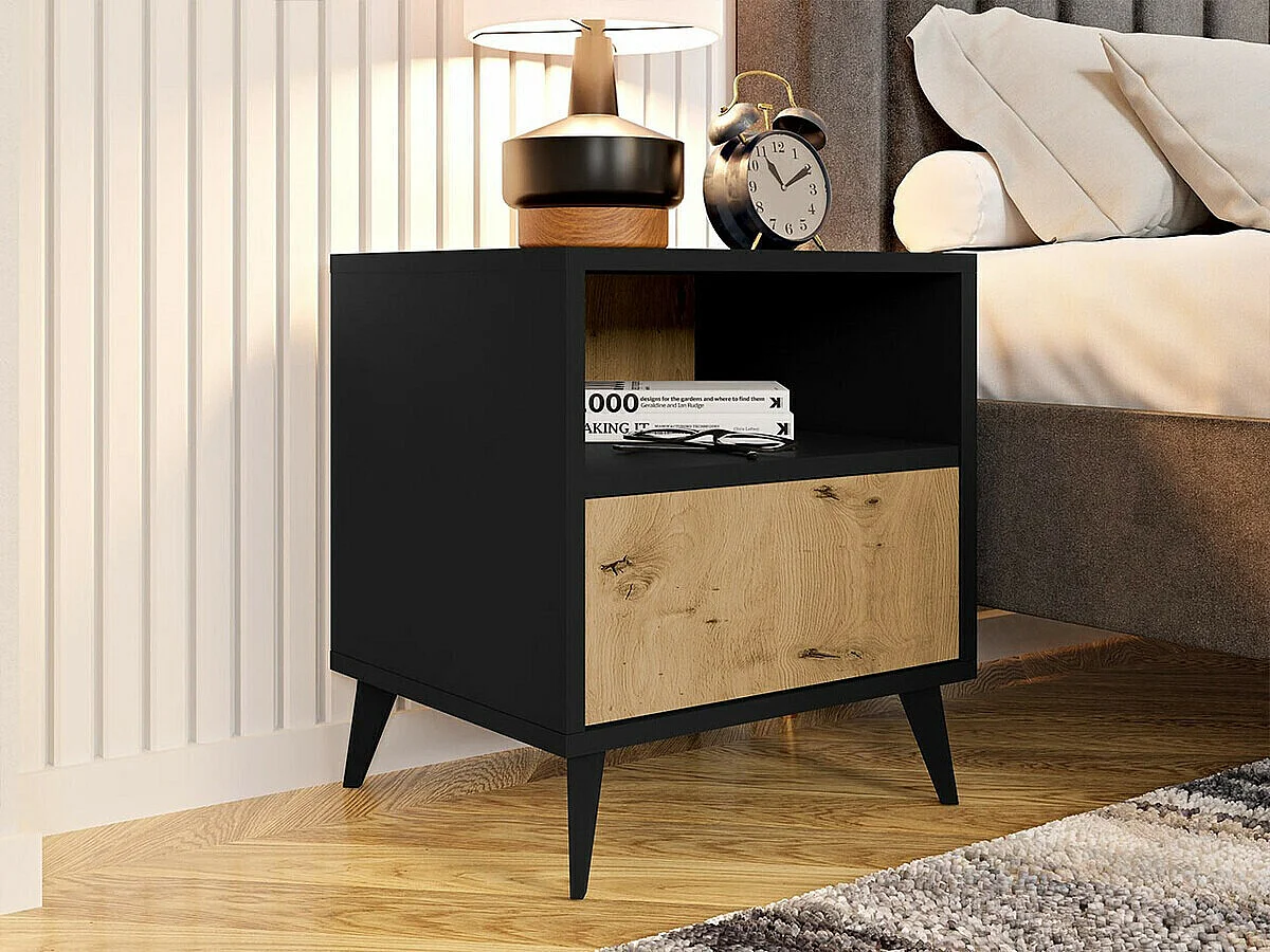 Table de chevet Comfivo Lomcali 107, Chêne Artisan|Noir, Nombre de tiroirs: 1, 52x47x40cm