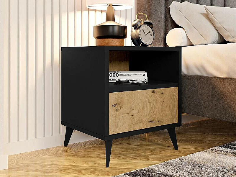 Mesilla de noche Comfivo Lomcali 107, Negro|Roble Artisan, Número de cajones: 1, 52x47cm