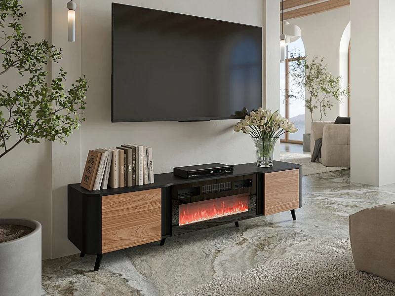 Meuble TV Charlotte 203, Noir|Noyer, 200x49x39cm