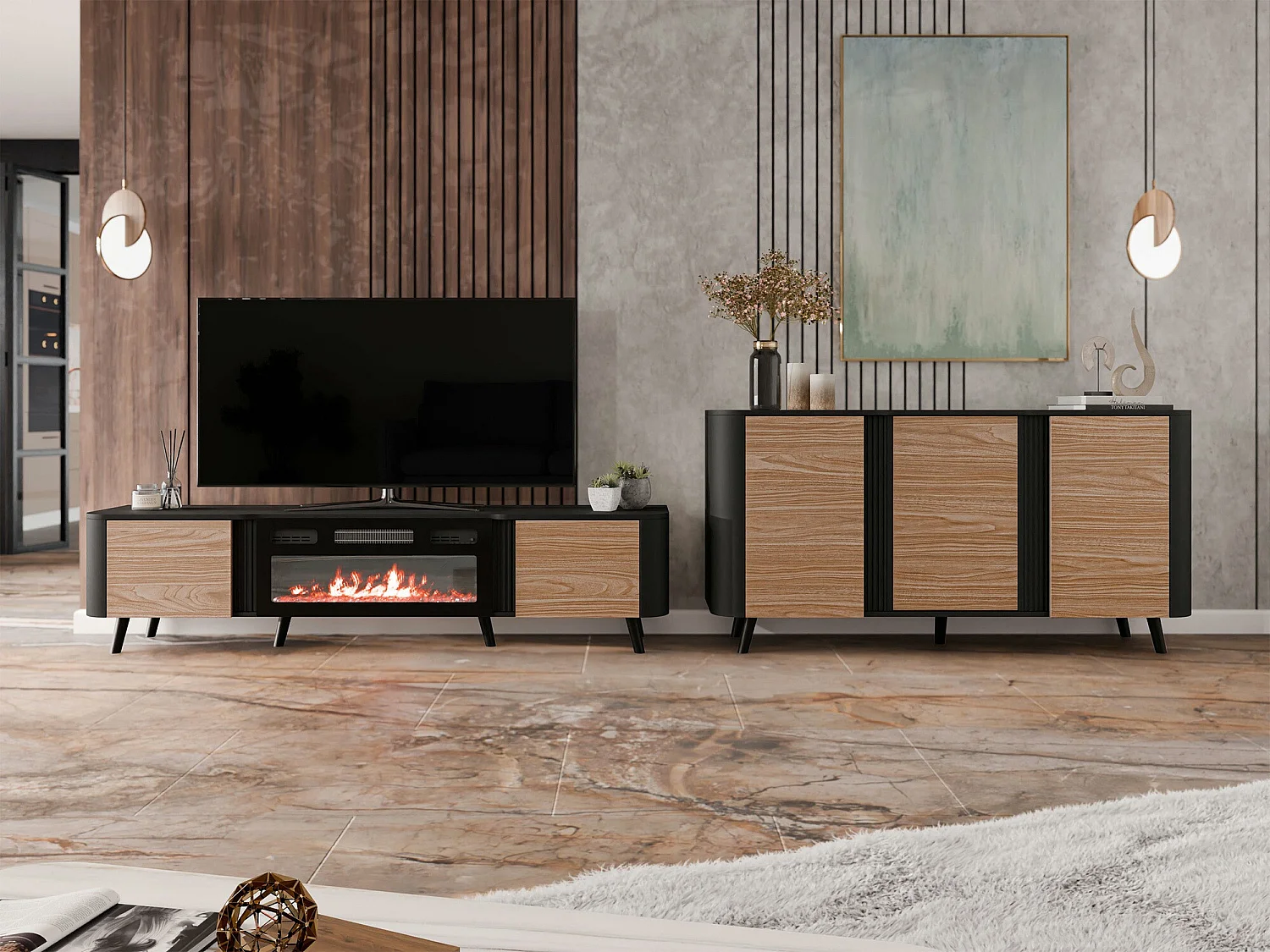 Meuble TV Charlotte 203, Noyer|Noir, 200x49x39cm