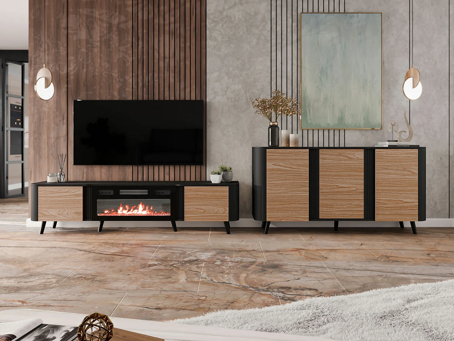 Meuble TV Charlotte 203, Noir|Noyer, 200x49x39cm