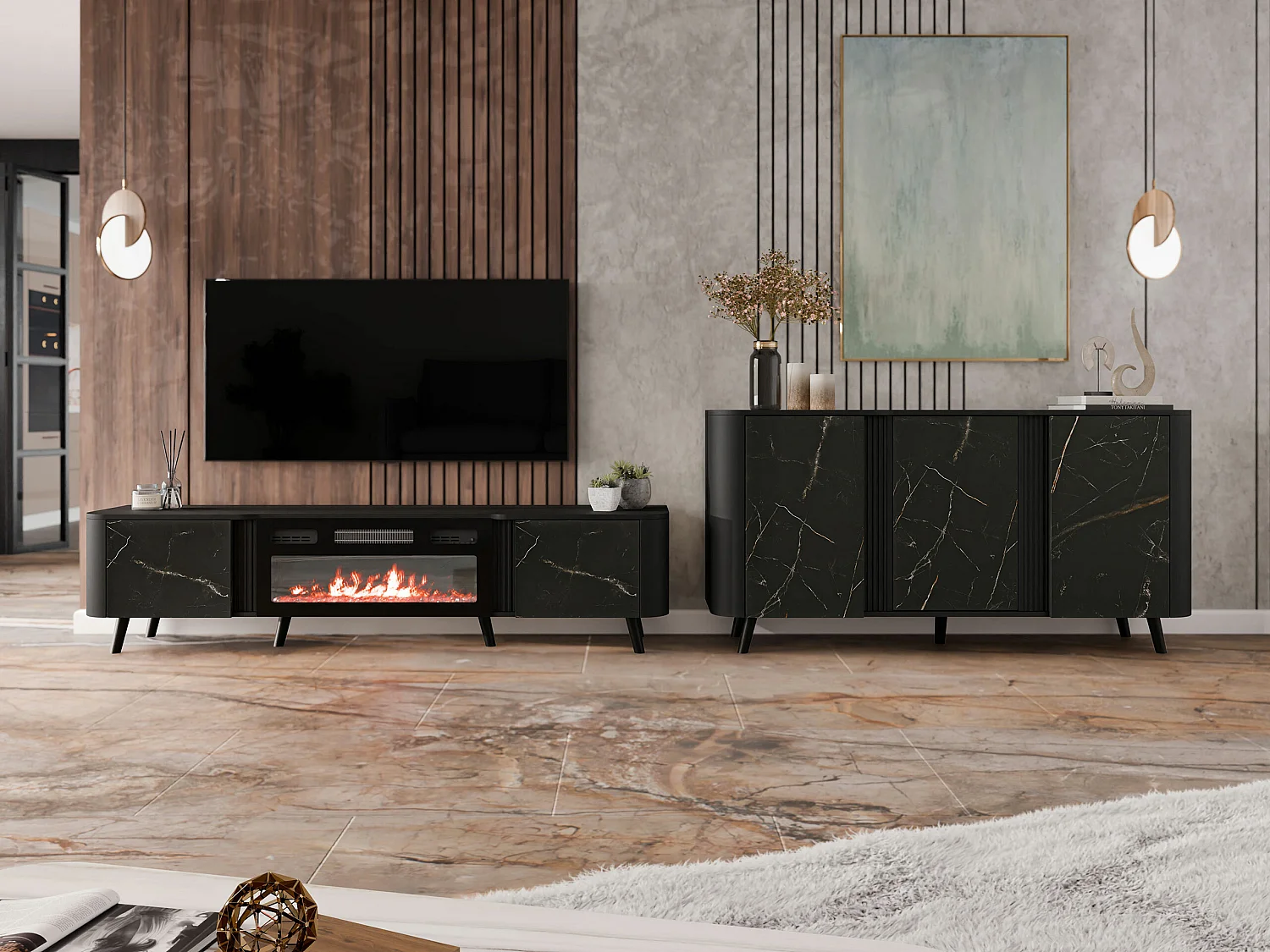 Meuble TV Charlotte 203, Noir|Marbre noir, 200x49x39cm