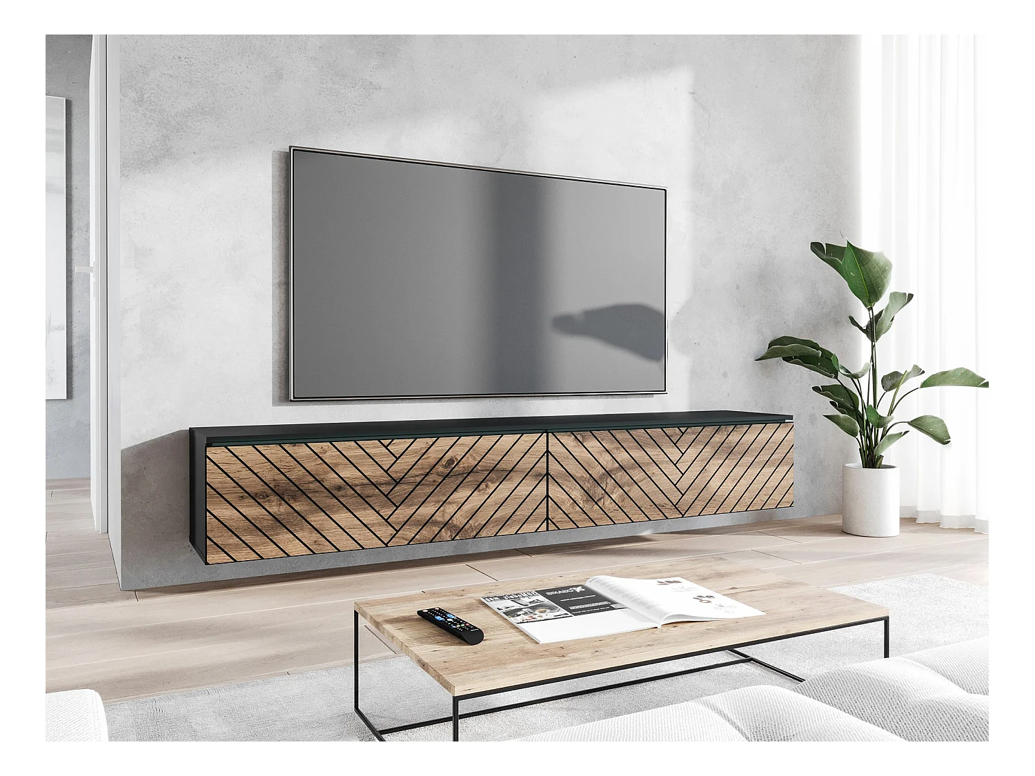 Meuble TV Sarasota 166, Graphite|Chêne wotan, 180x30x33cm