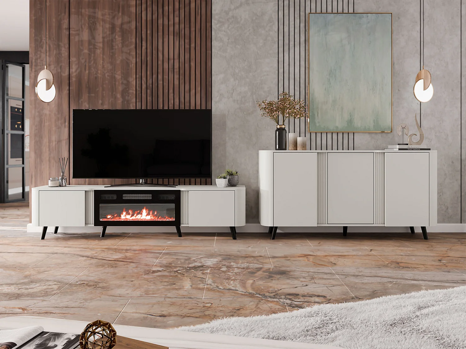 Meuble TV Charlotte 203, Noir|Cachemire, 200x49x39cm