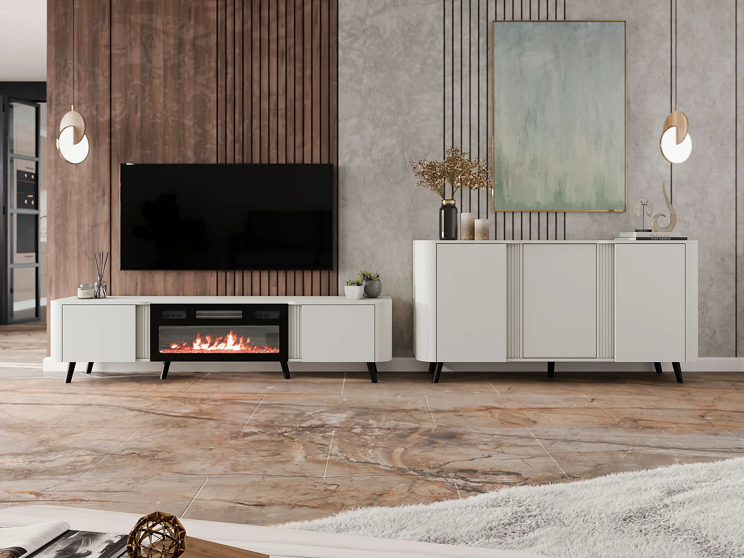 Meuble TV Charlotte 203, Noir|Cachemire, 200x49x39cm