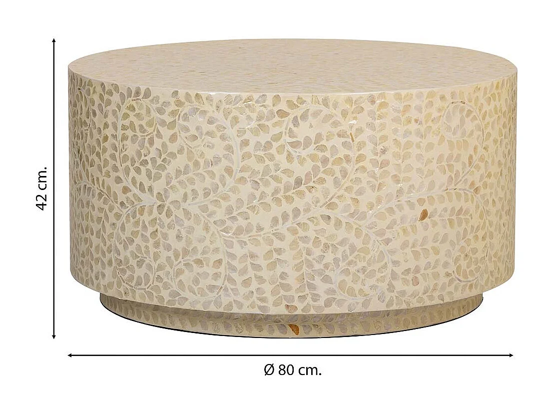 Table basse ronde en bois avec finition en capiz gris 80x80x42h cm