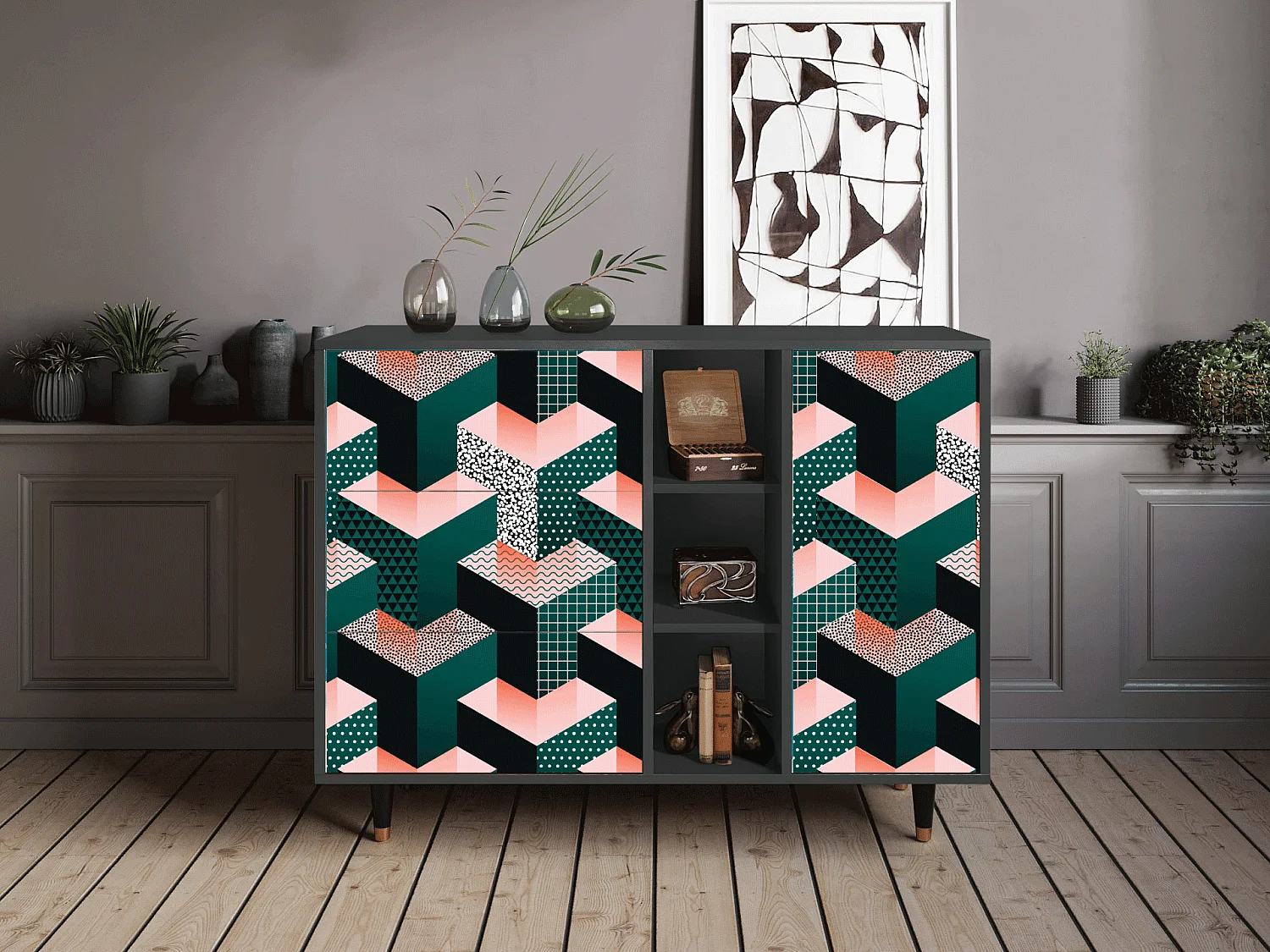 Kredens - 125x98x48 cm - BS2 - Geometric Madness, Antracyt